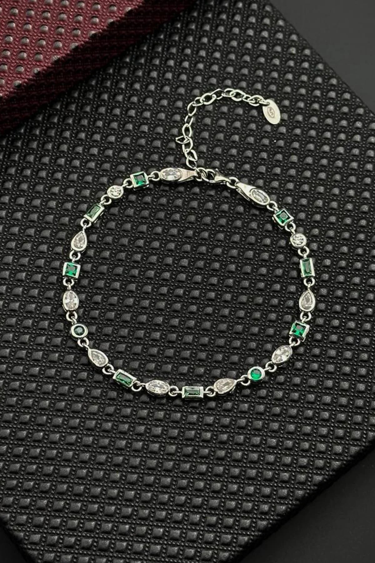 FRNCH 925 Ayar Gümüş Yeşil-Beyaz Zirkon Taşlı Gümüş Renk Erkek Bileklik FRJ12719-3719-YA