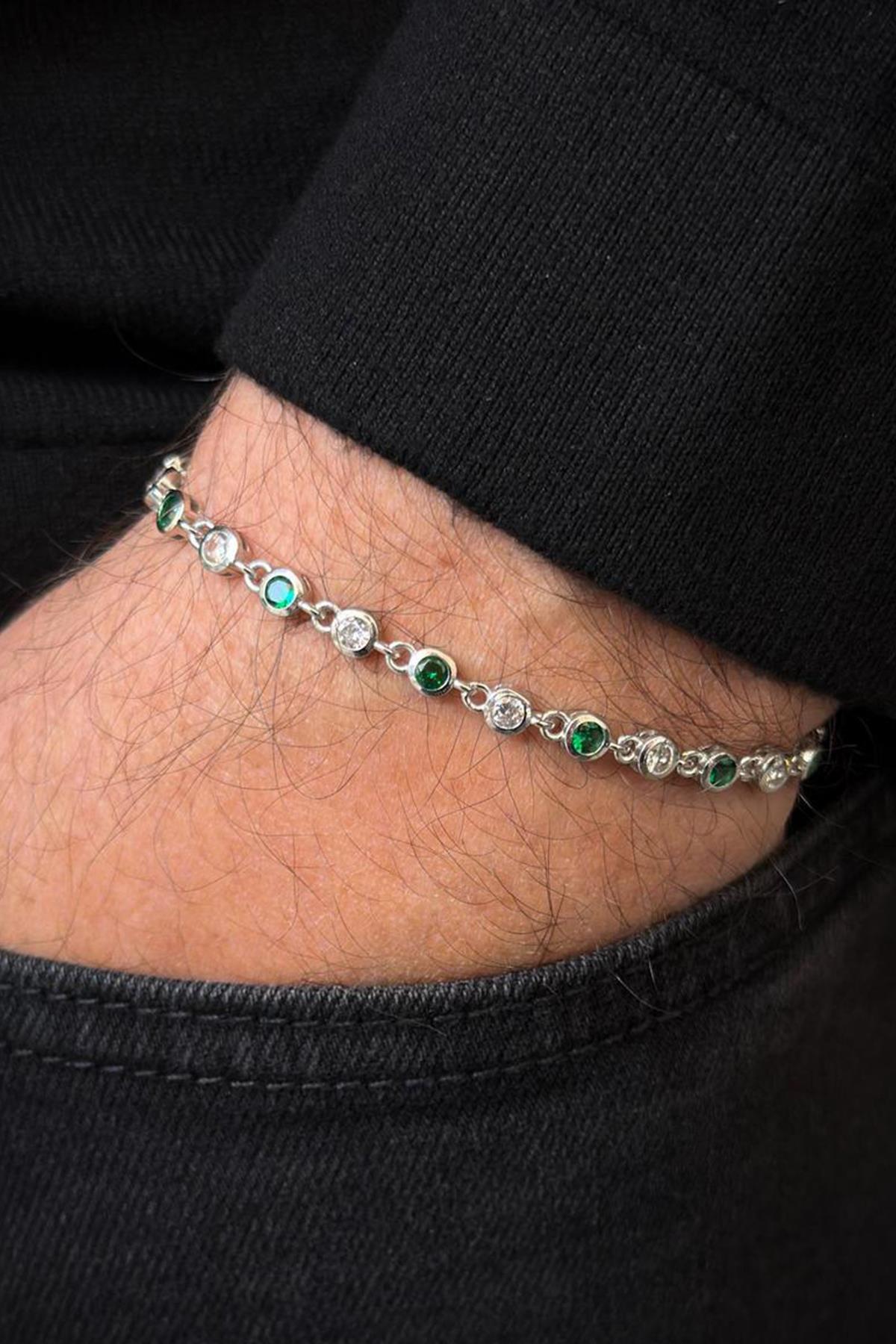 FRNCH 925 Ayar Gümüş Yeşil-Beyaz Zirkon Taşlı Gümüş Renk Erkek Bileklik FRJ12720-3720-YA