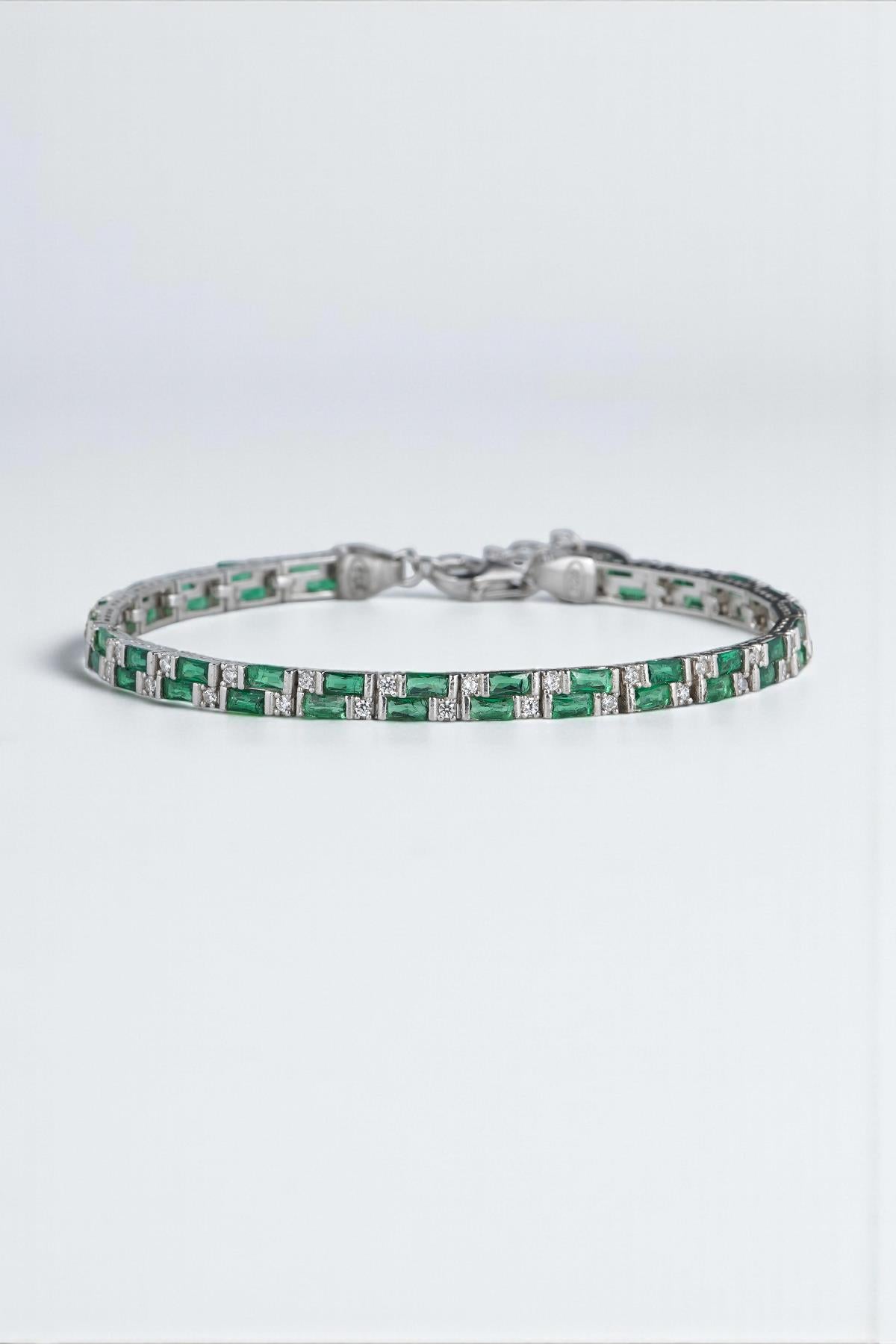 FRNCH 925 Ayar Gümüş Yeşil-Beyaz Zirkon Taşlı Tennis Erkek Bileklik FRJ11908-2008-YA