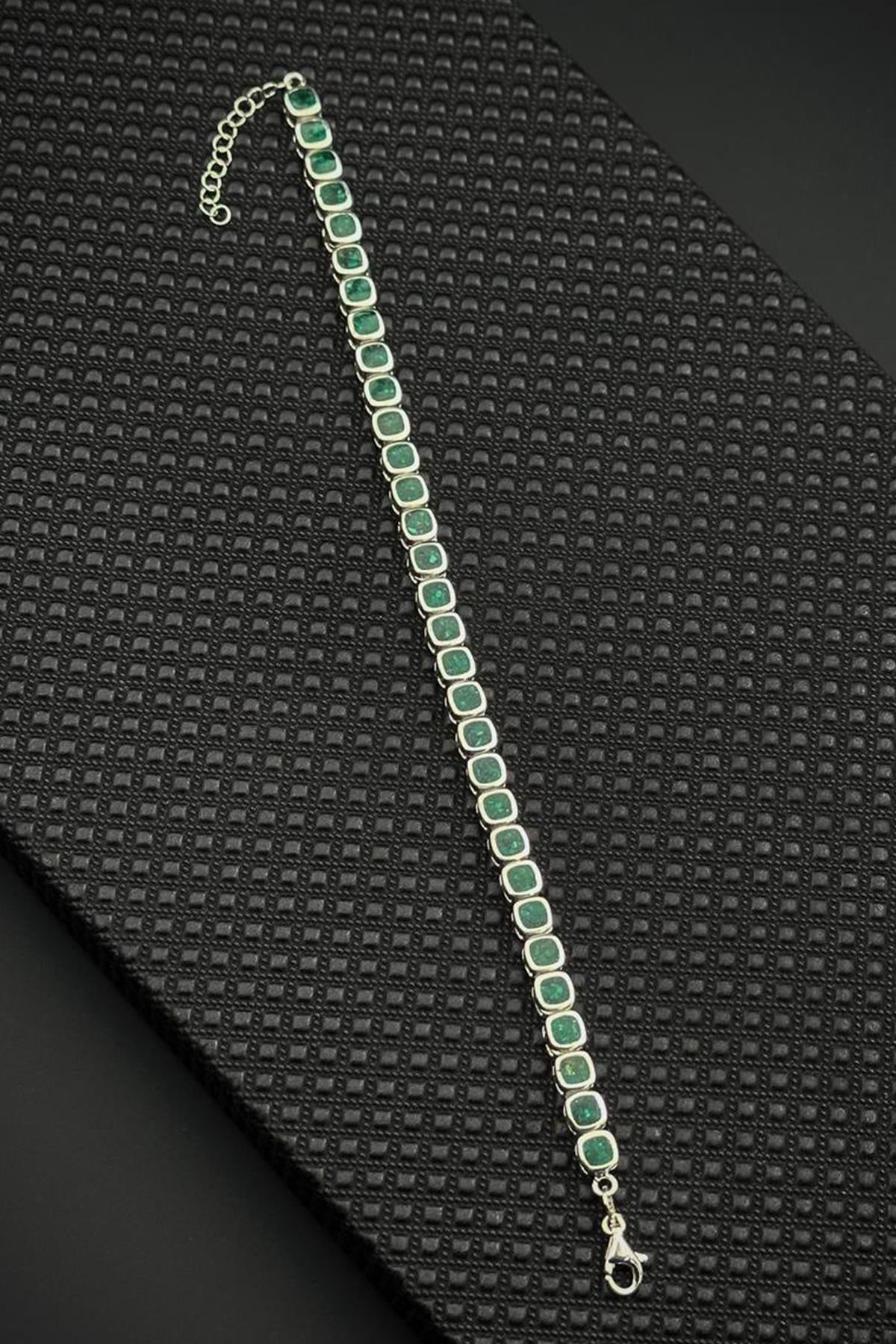 FRNCH 925 Ayar Gümüş Yeşil Doğal Taşlı Gümüş Renk Erkek Bileklik FRJ12678-3678-Y