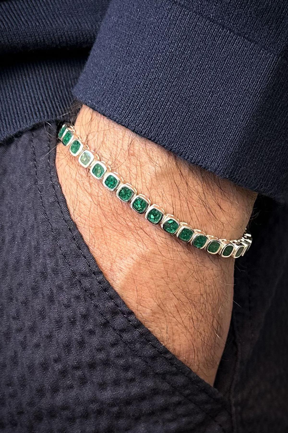 FRNCH 925 Ayar Gümüş Yeşil Doğal Taşlı Gümüş Renk Erkek Bileklik FRJ12678-3678-Y