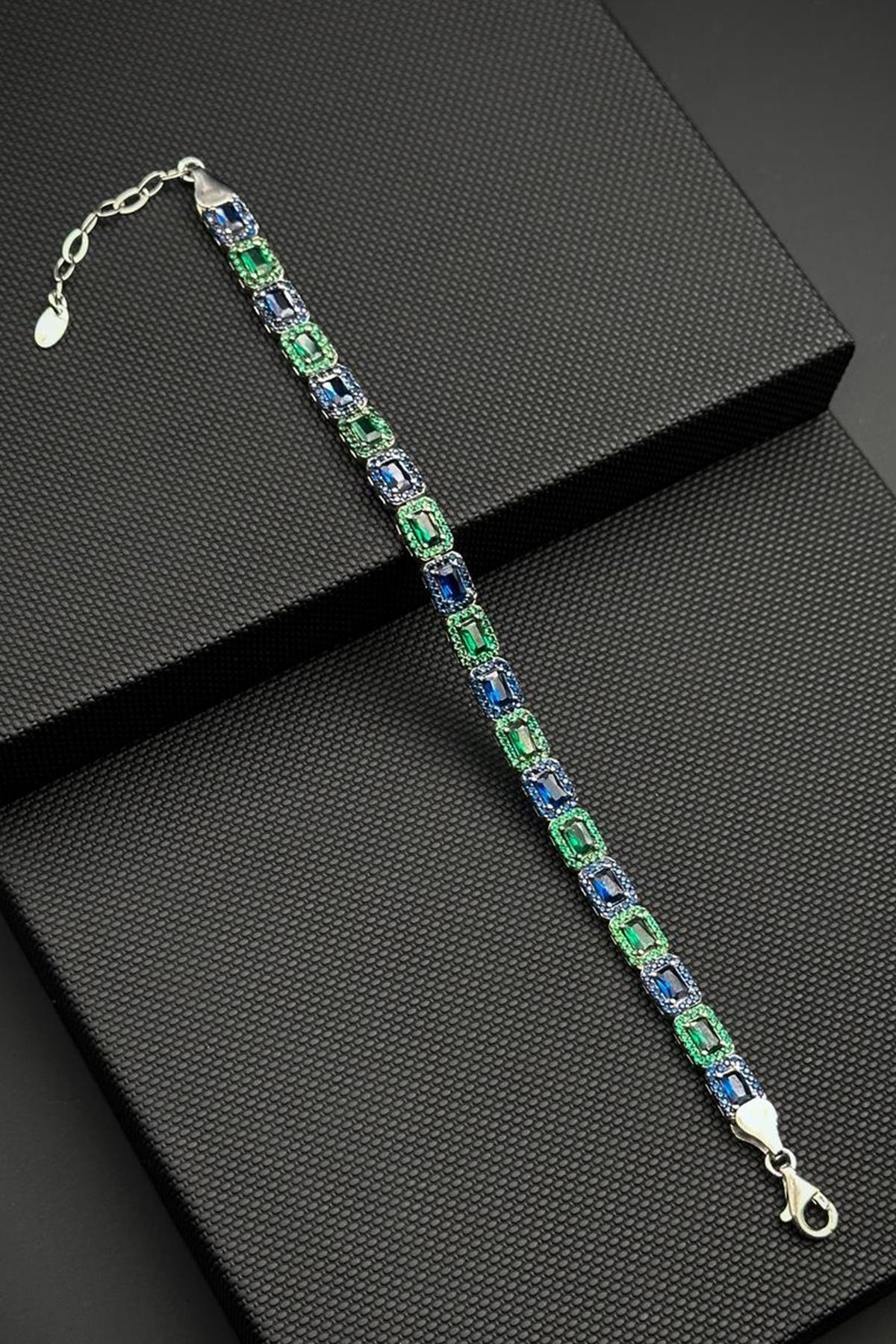 FRNCH 925 Ayar Gümüş Yeşil-Lacivert Zirkon Taşlı Gümüş Renk Erkek Bileklik FRJ12644-3644-YL