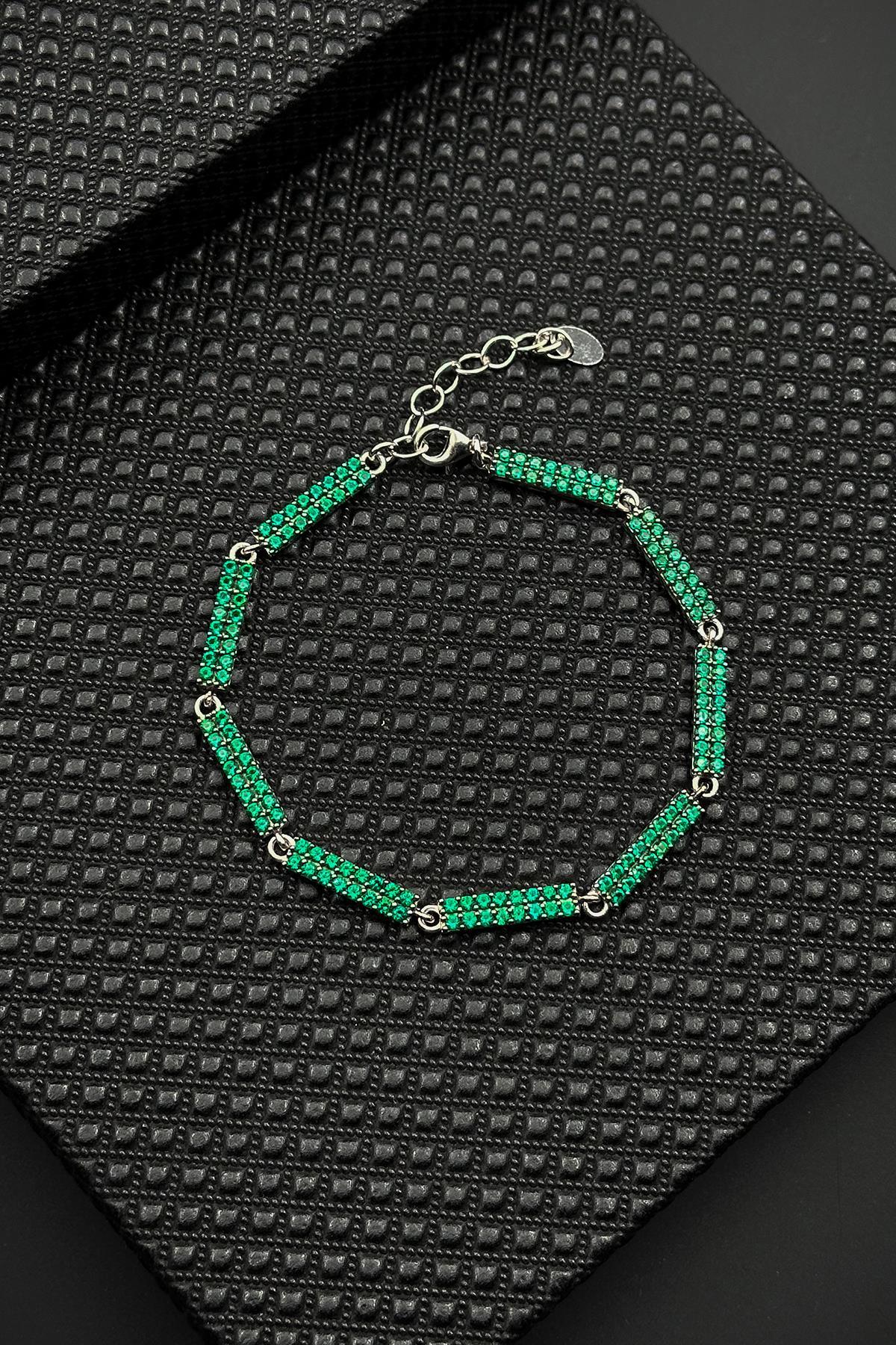 FRNCH 925 Ayar Gümüş Yeşil Zirkon Taşlı Erkek Bileklik FRJ12594-3594-Y