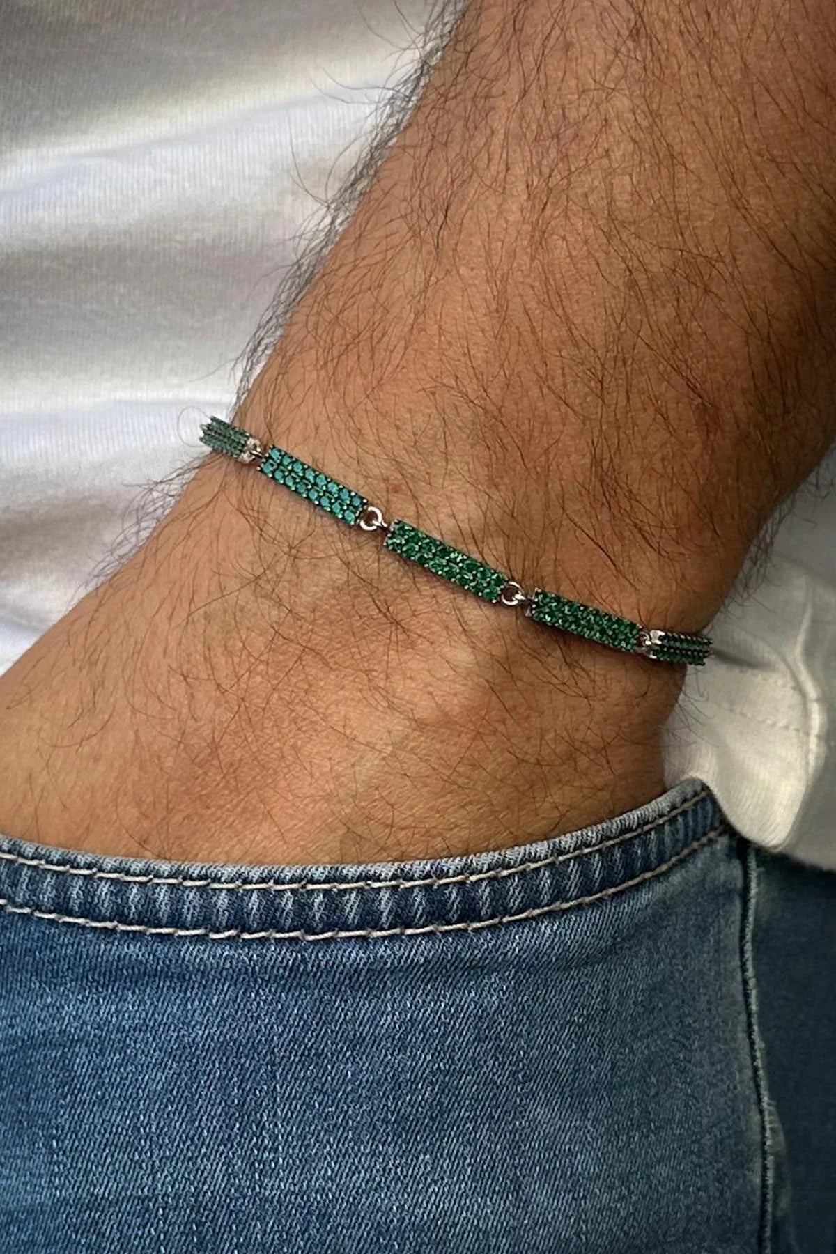 FRNCH 925 Ayar Gümüş Yeşil Zirkon Taşlı Erkek Bileklik FRJ12594-3594-Y