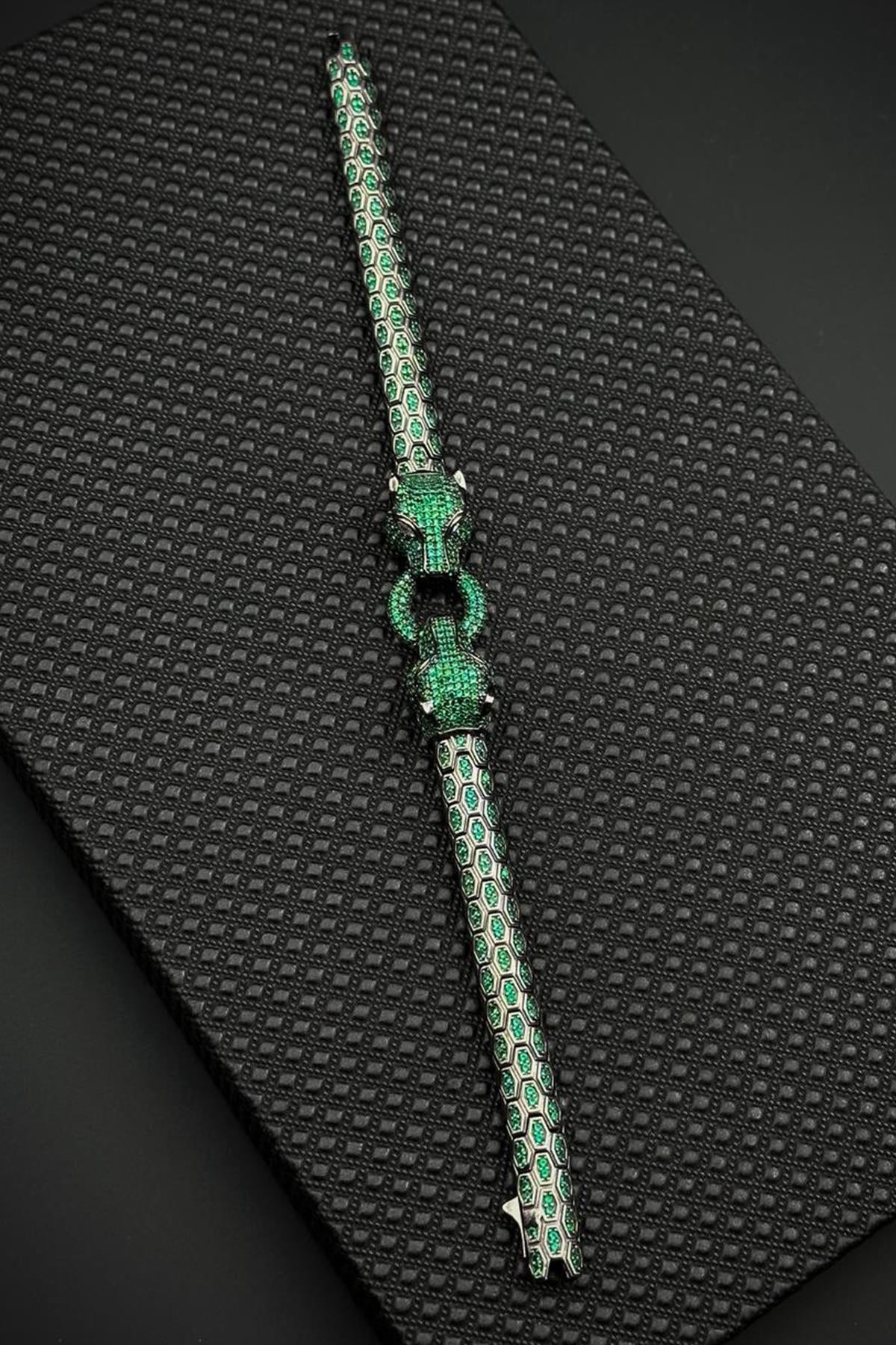 FRNCH 925 Ayar Gümüş Yeşil Zirkon Taşlı Füme Renk Erkek Bileklik FRJ12681-3681-Y