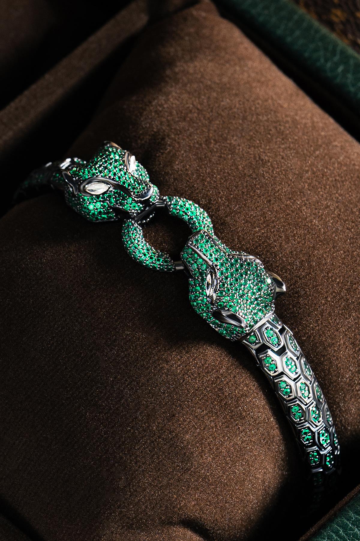 FRNCH 925 Ayar Gümüş Yeşil Zirkon Taşlı Füme Renk Erkek Bileklik FRJ12681-3681-Y