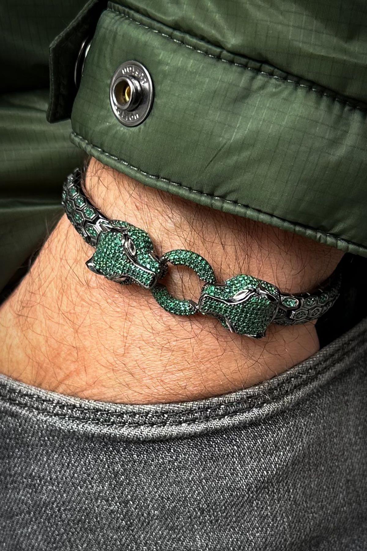 FRNCH 925 Ayar Gümüş Yeşil Zirkon Taşlı Füme Renk Erkek Bileklik FRJ12681-3681-Y