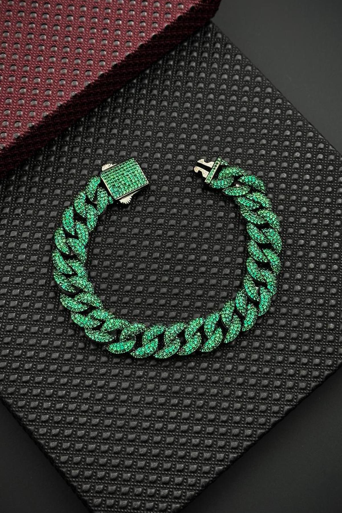 FRNCH 925 Ayar Gümüş Yeşil Zirkon Taşlı Füme Renk Erkek Bileklik FRJ12682-3682-Y