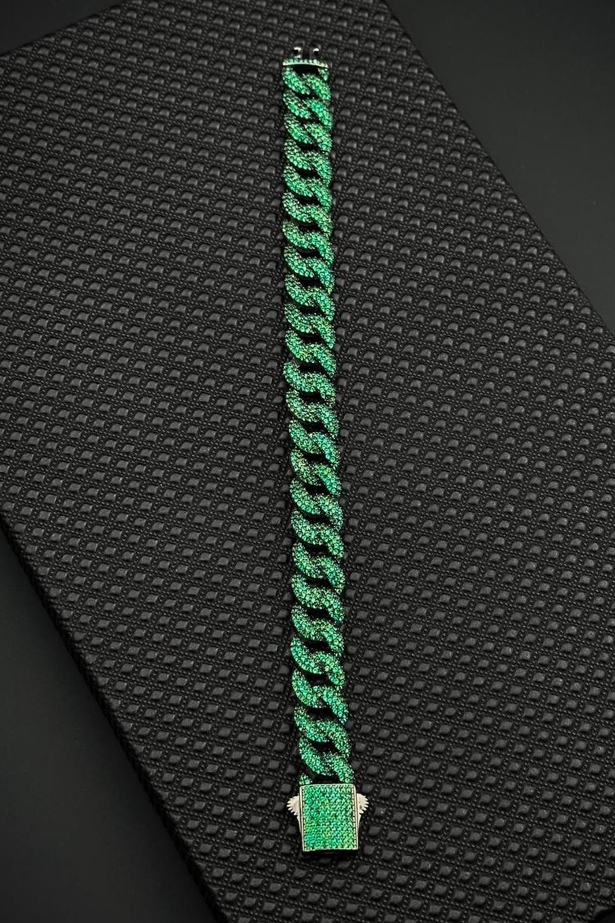 FRNCH 925 Ayar Gümüş Yeşil Zirkon Taşlı Füme Renk Erkek Bileklik FRJ12682-3682-Y