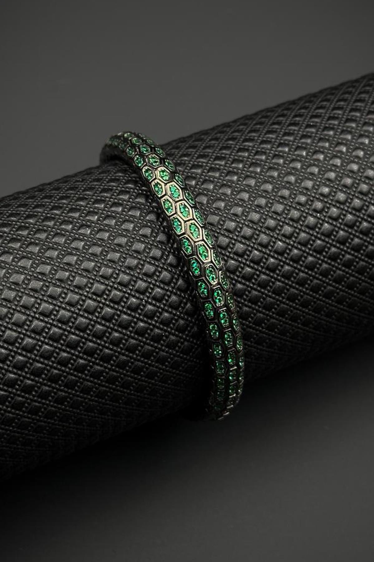 FRNCH 925 Ayar Gümüş Yeşil Zirkon Taşlı Füme Renk Erkek Bileklik FRJ12702-3702-Y