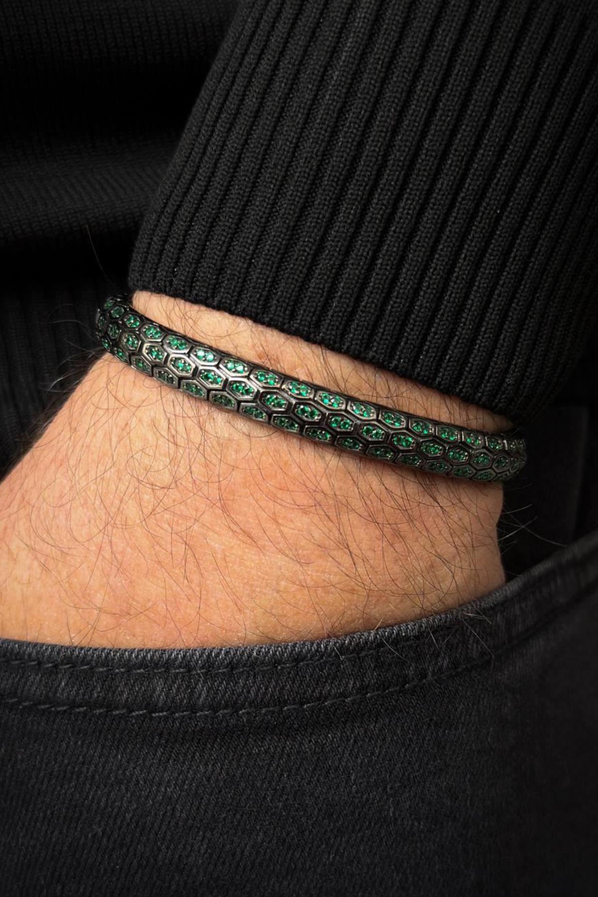 FRNCH 925 Ayar Gümüş Yeşil Zirkon Taşlı Füme Renk Erkek Bileklik FRJ12702-3702-Y