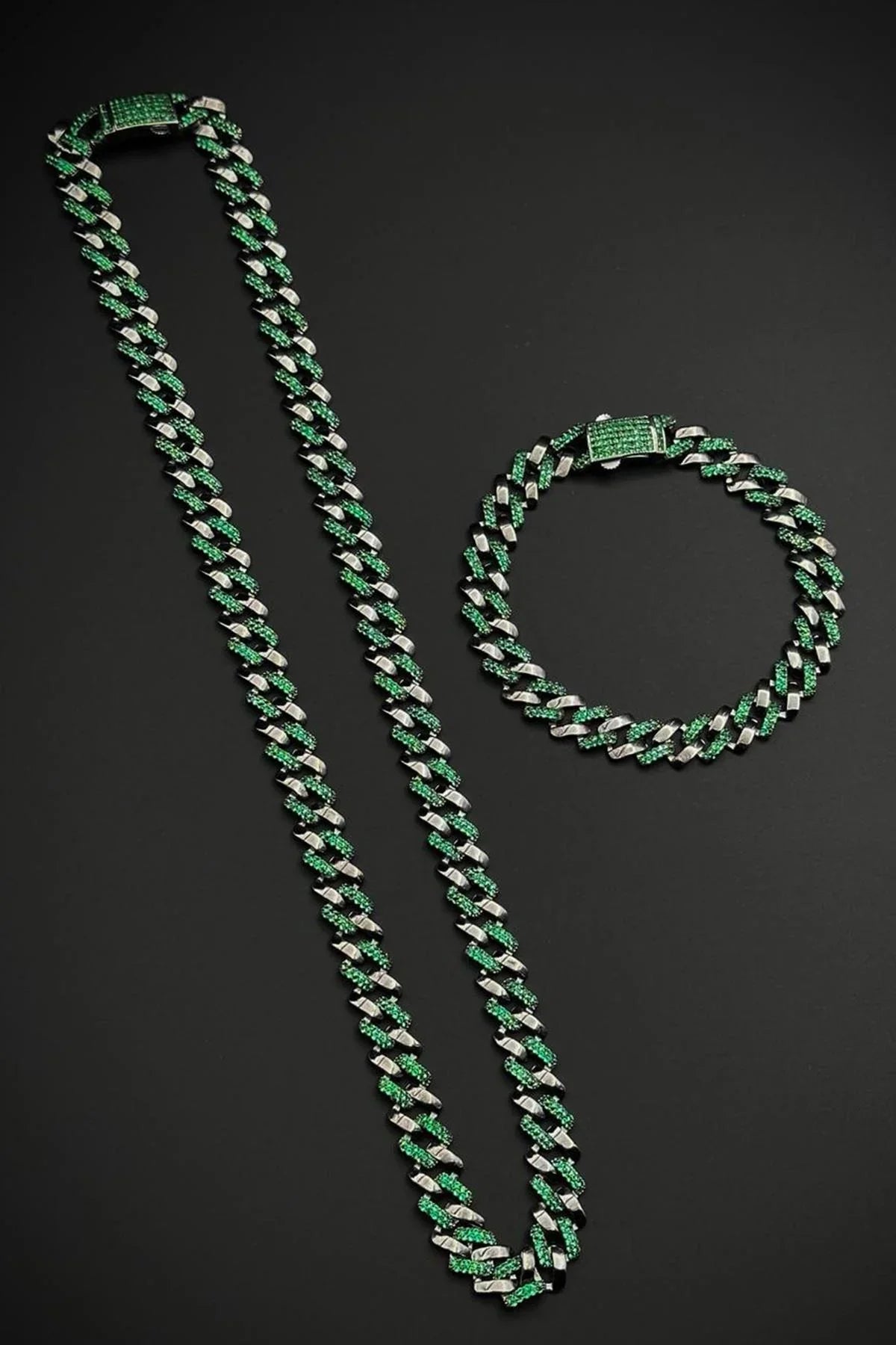 FRNCH 925 Ayar Gümüş Yeşil Zirkon Taşlı Füme Renk Erkek Bileklik/Kolye Set FRJ12726-3726-Y