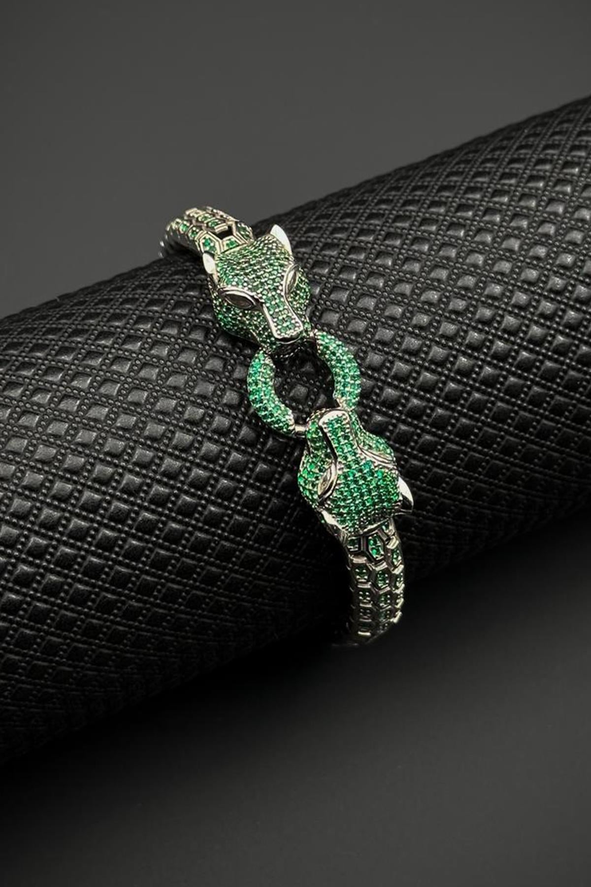 FRNCH 925 Ayar Gümüş Yeşil Zirkon Taşlı Gümüş Renk Erkek Bileklik FRJ12681-3681-YA