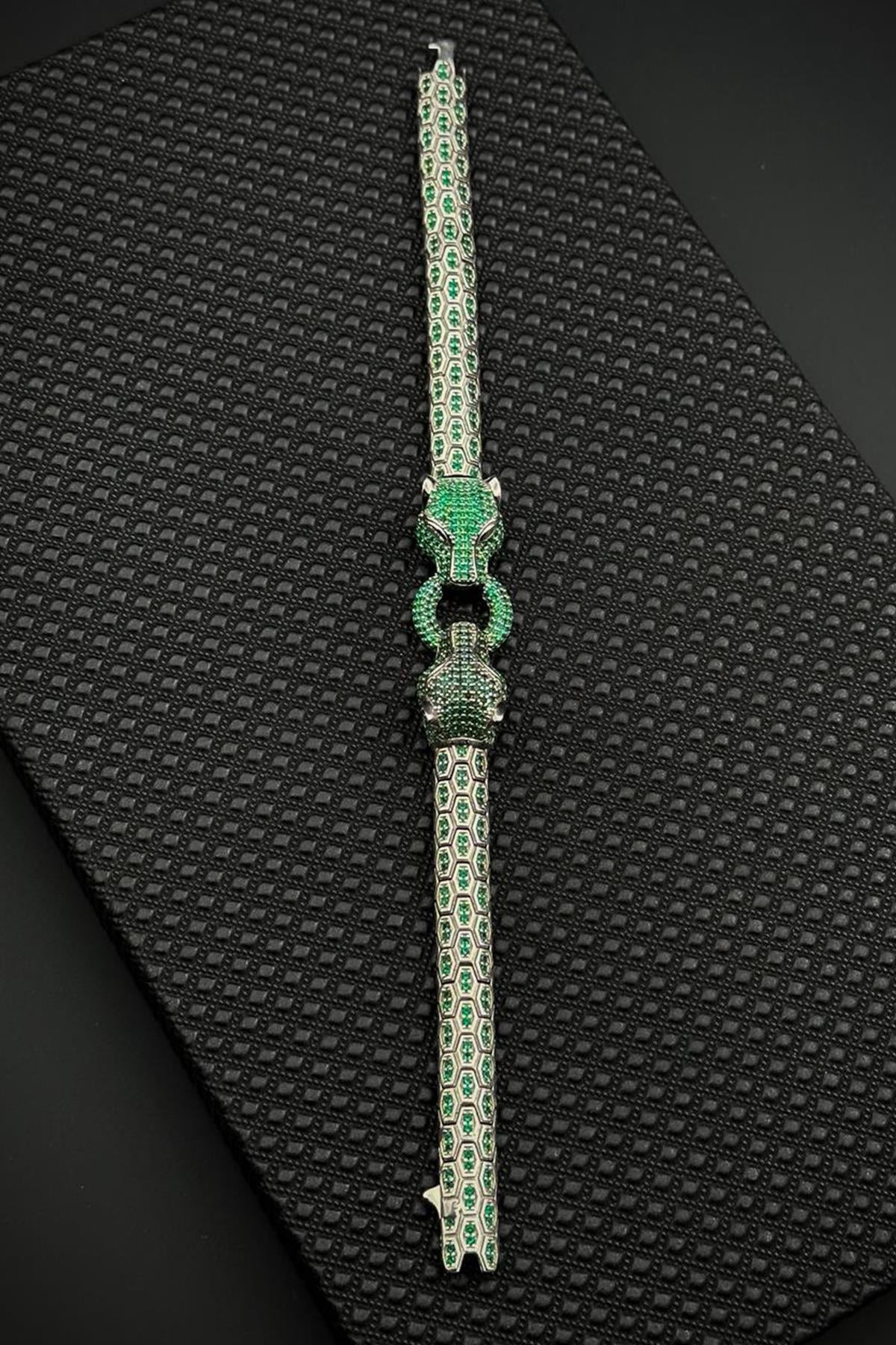 FRNCH 925 Ayar Gümüş Yeşil Zirkon Taşlı Gümüş Renk Erkek Bileklik FRJ12681-3681-YA