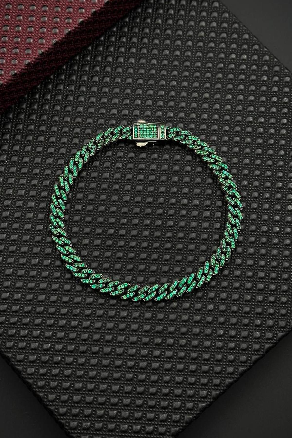 FRNCH 925 Ayar Gümüş Yeşil Zirkon Taşlı Gümüş Renk Erkek Bileklik FRJ12683-3683-Y