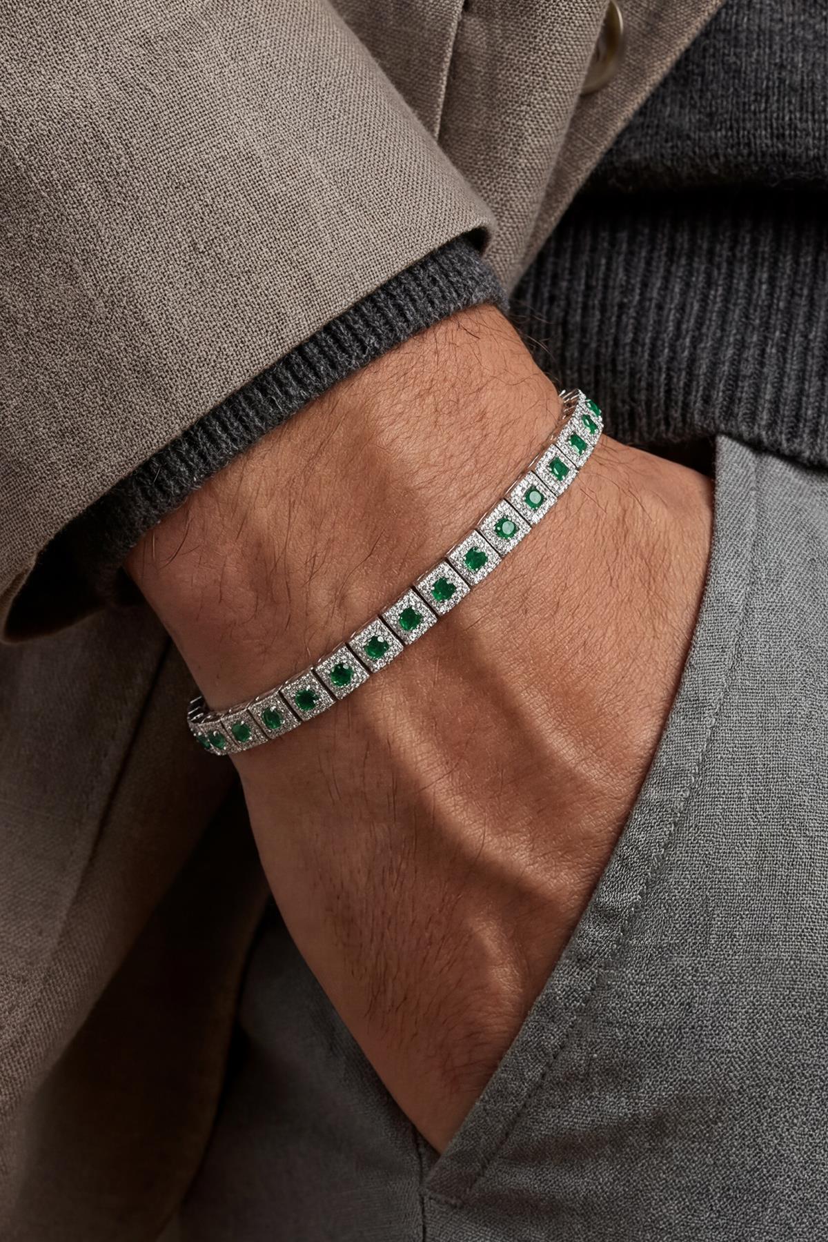 FRNCH 925 Ayar Gümüş Yeşil Zirkon Taşlı Gümüş Renk Erkek Bileklik FRJ12903-3903-Y