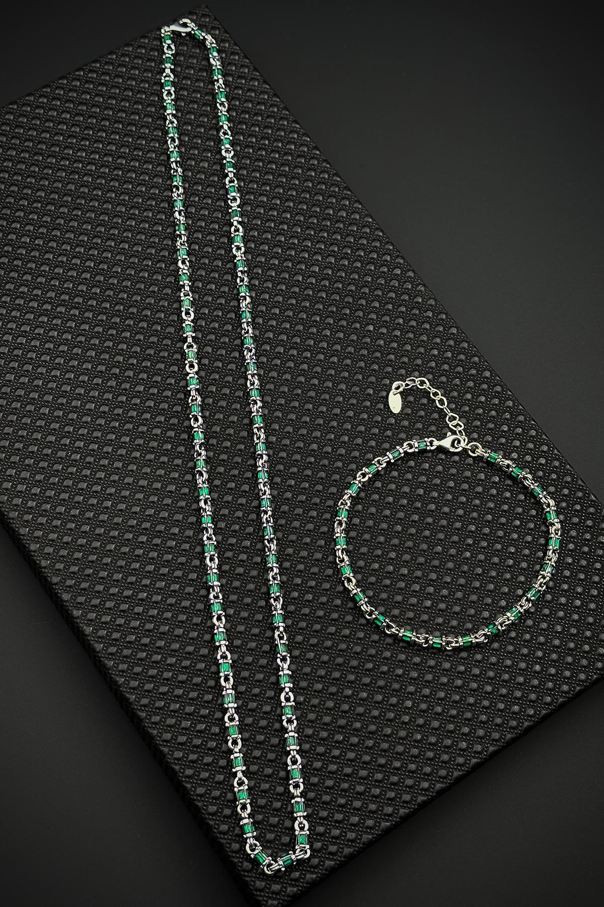 FRNCH 925 Ayar Gümüş Yeşil Zirkon Taşlı Gümüş Renk Erkek Bileklik/Kolye Set FRJ12674-3674-Y