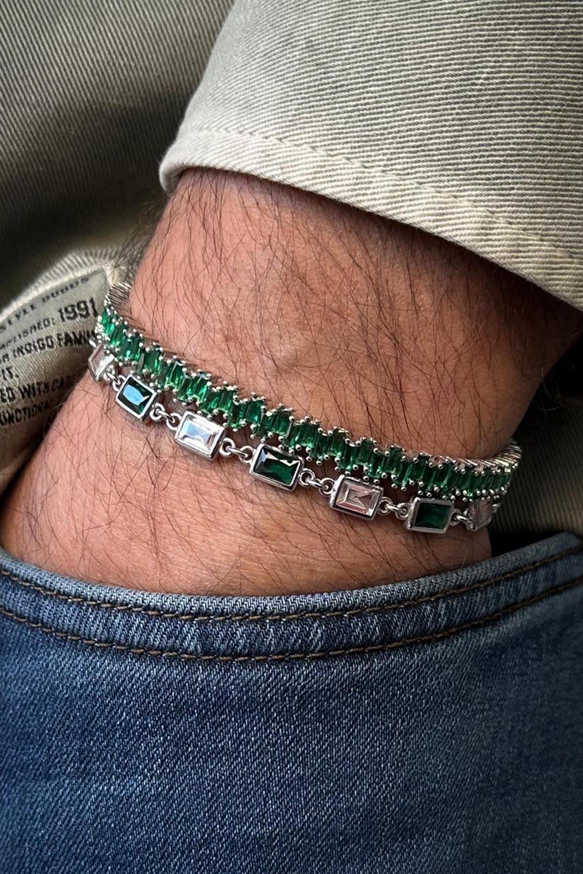 FRNCH 925 Ayar Gümüş Yeşil Zirkon Taşlı Gümüş Renk Erkek Bileklik Set FRJ12696-3696-Y