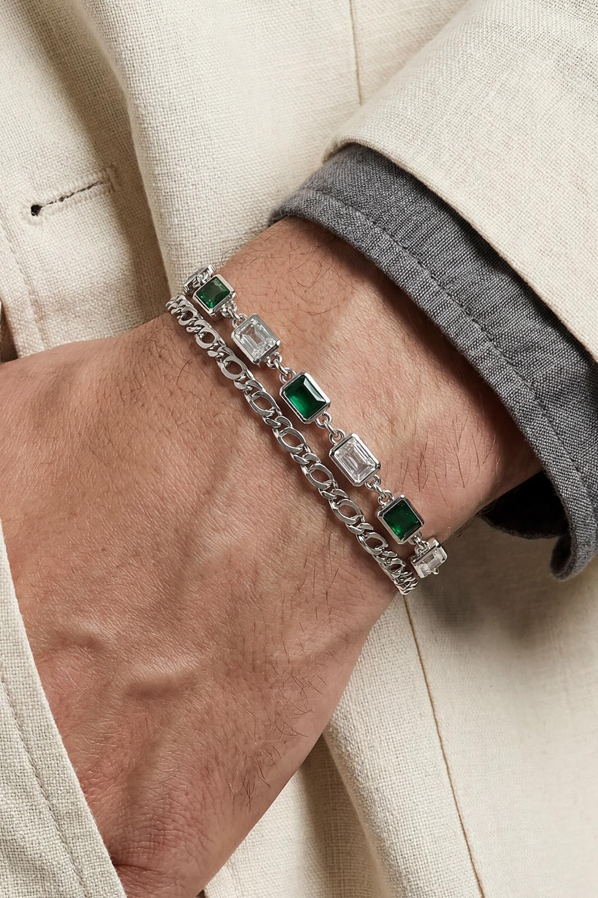 FRNCH 925 Ayar Gümüş Yeşil Zirkon Taşlı Gümüş Renk Erkek Bileklik Set FRJ12905-3905-Y