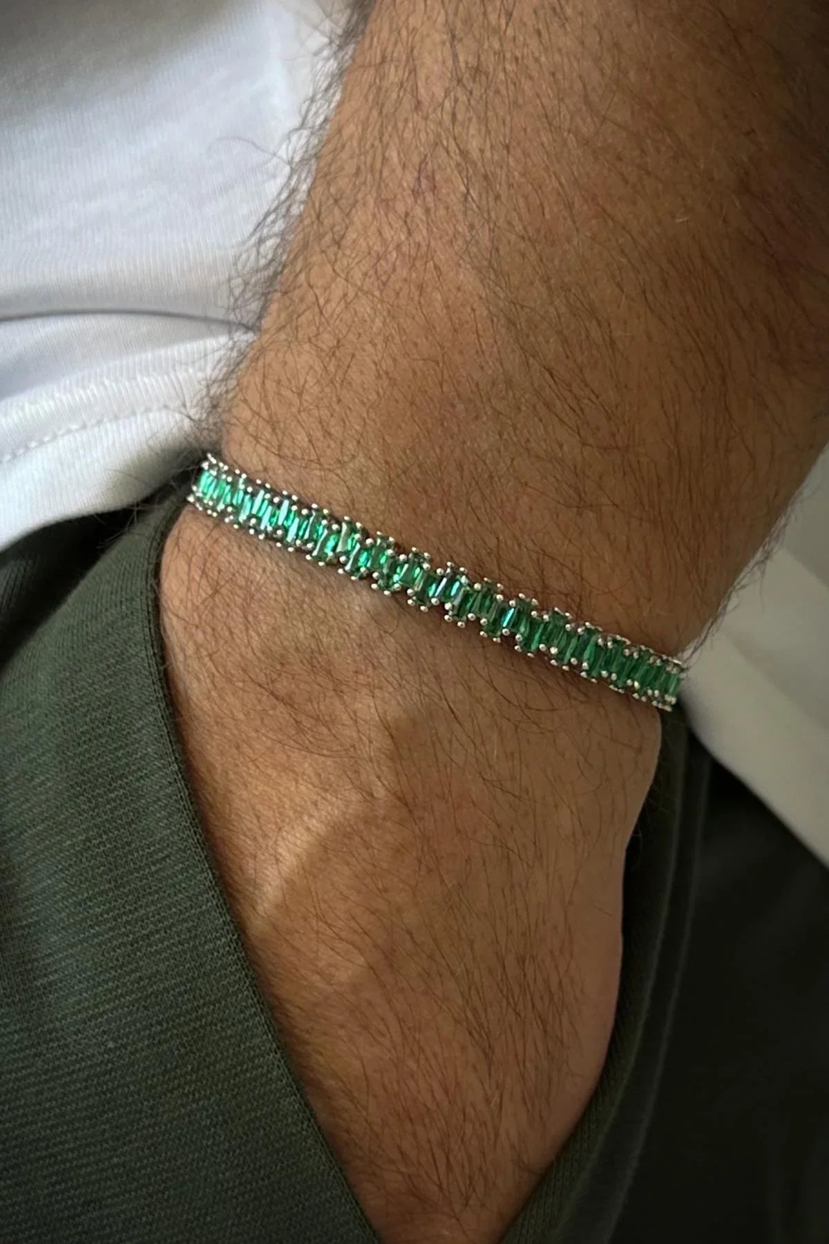 FRNCH 925 Ayar Gümüş Yeşil Zirkon Taşlı Gümüş Renkli Erkek Bileklik FRJ12625-3625-Y