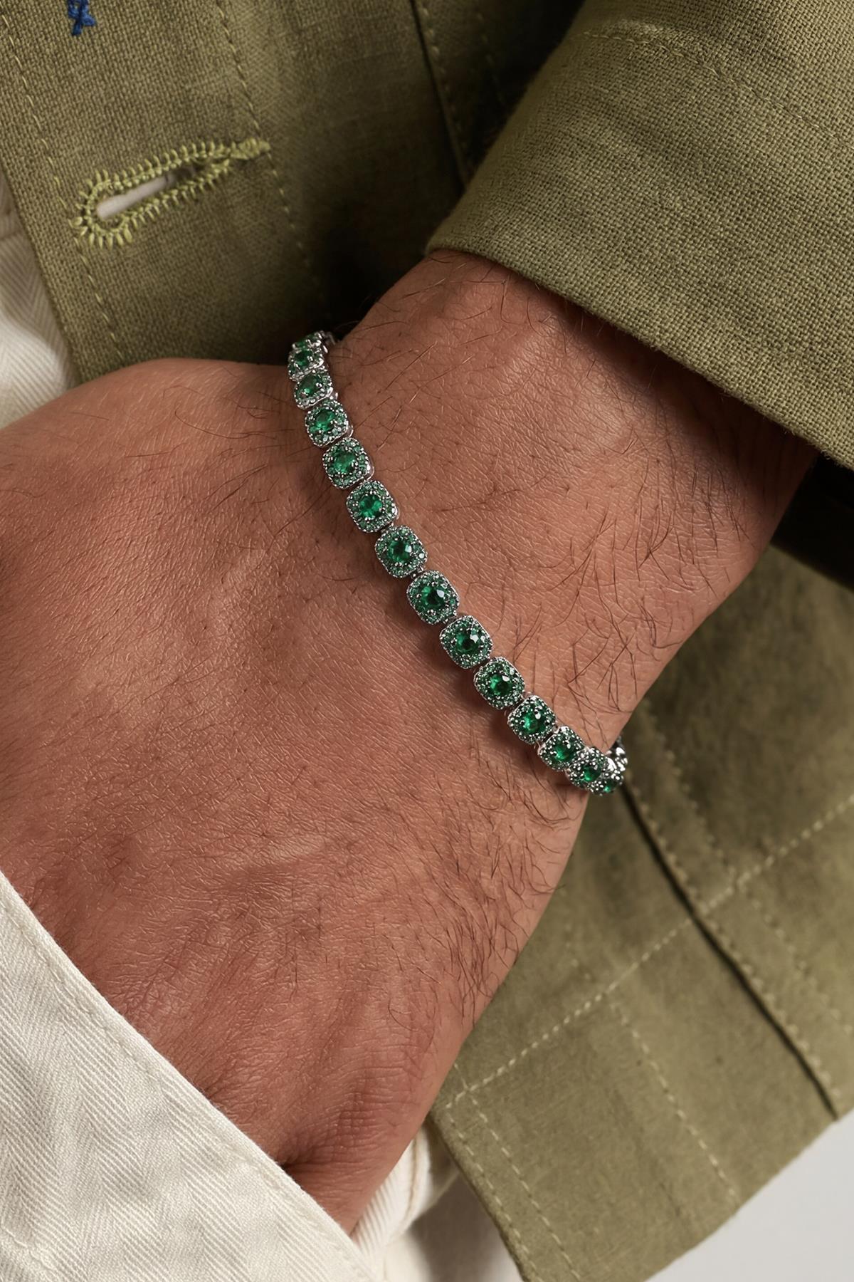 FRNCH 925 Ayar Gümüş Yeşil Zirkon Taşlı Yeşil Renk Erkek Bileklik FRJ12934-3934-S