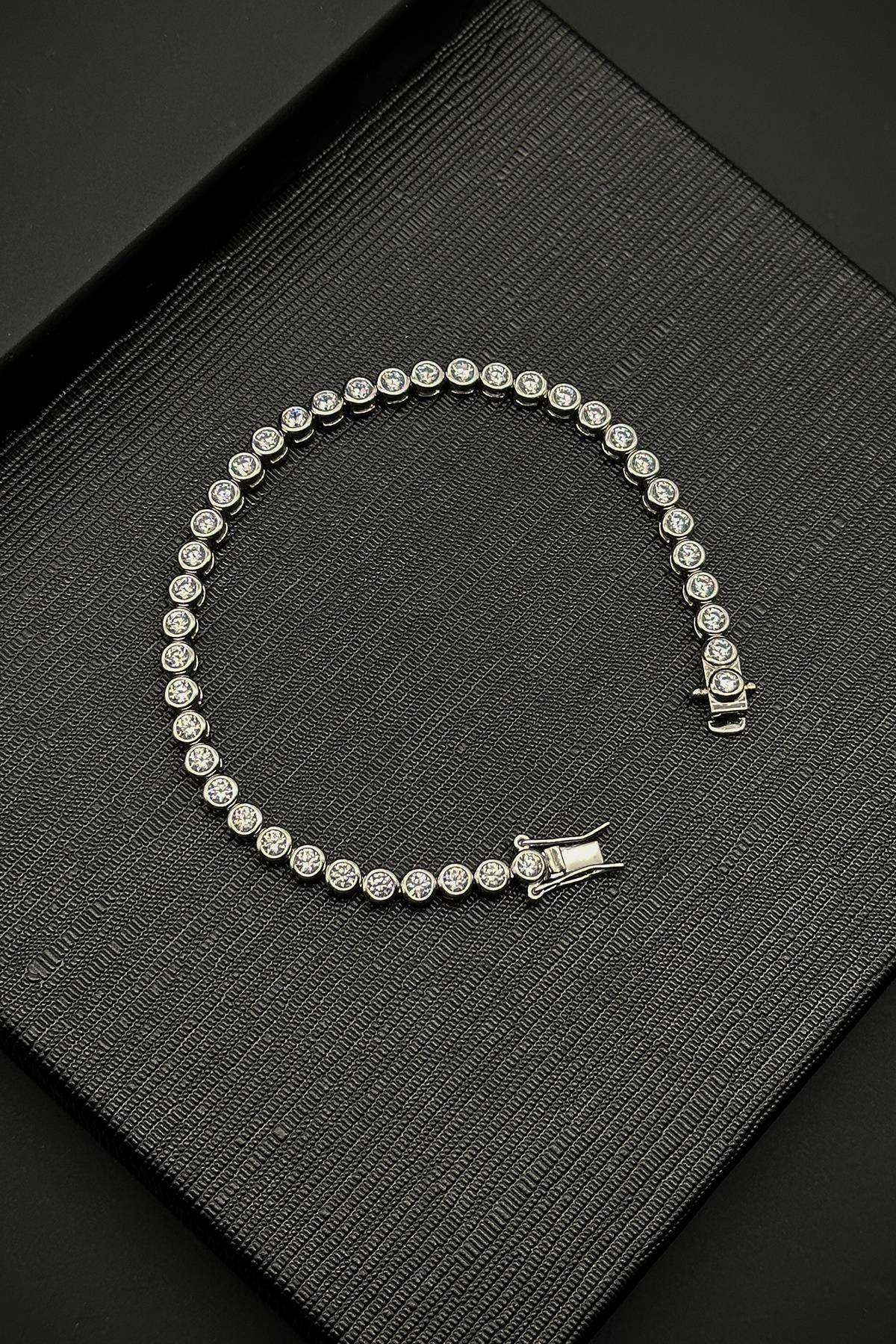 FRNCH 925 Ayar Gümüş Zirkon Taşlı Gümüş Renkli Tennis Erkek Bileklik FRJ12161-3161-A