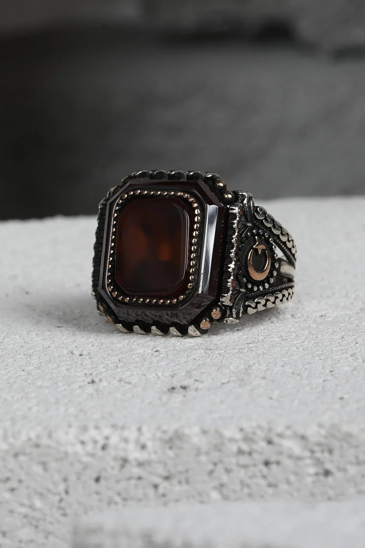 FRNCH 925 Ayar Gümüş Zirkon Taşlı Kahverengi Renkli Erkek Yüzük FRJ60093-193-K20