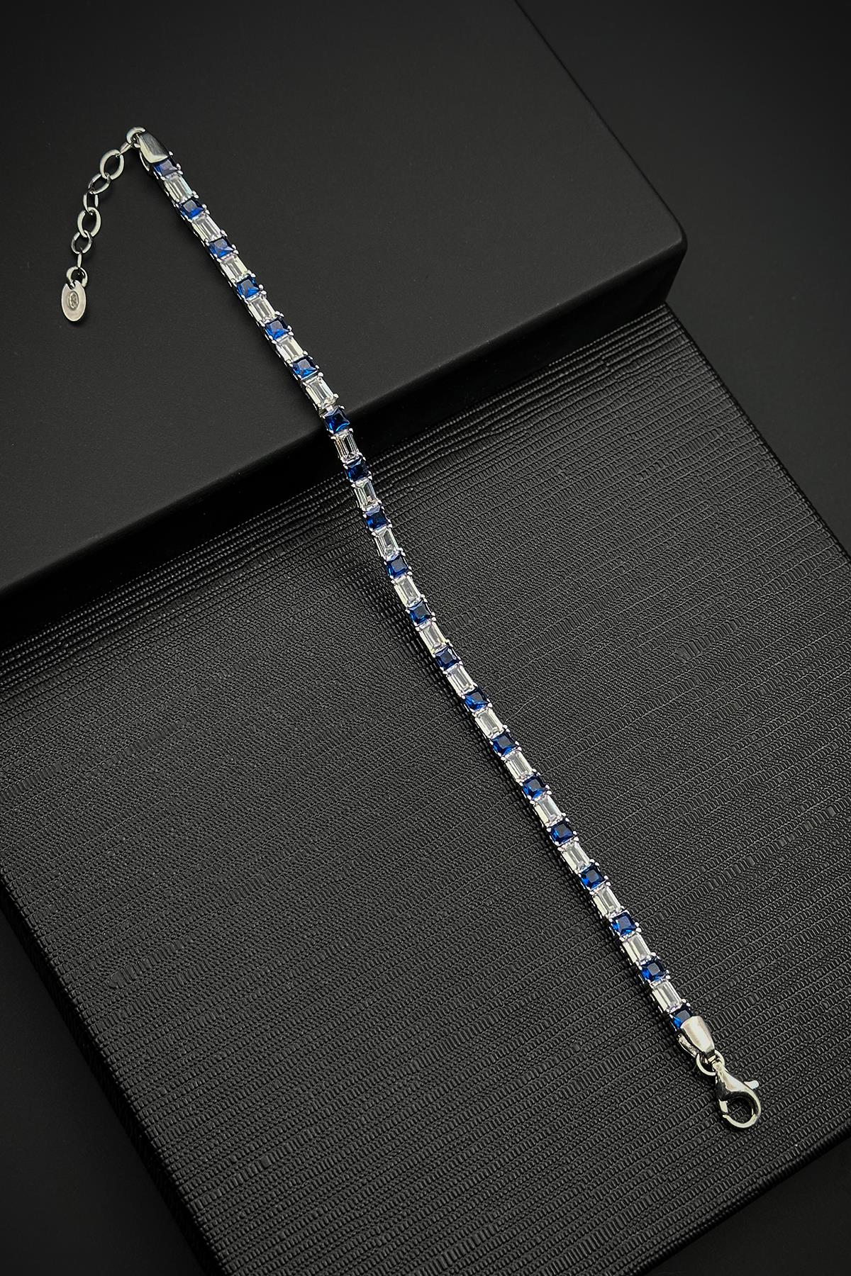 FRNCH 925 Ayar Gümüş Zirkon Taşlı Lacivert-Beyaz Renk Tennis Erkek Bileklik FRJ12157-3157-LA3