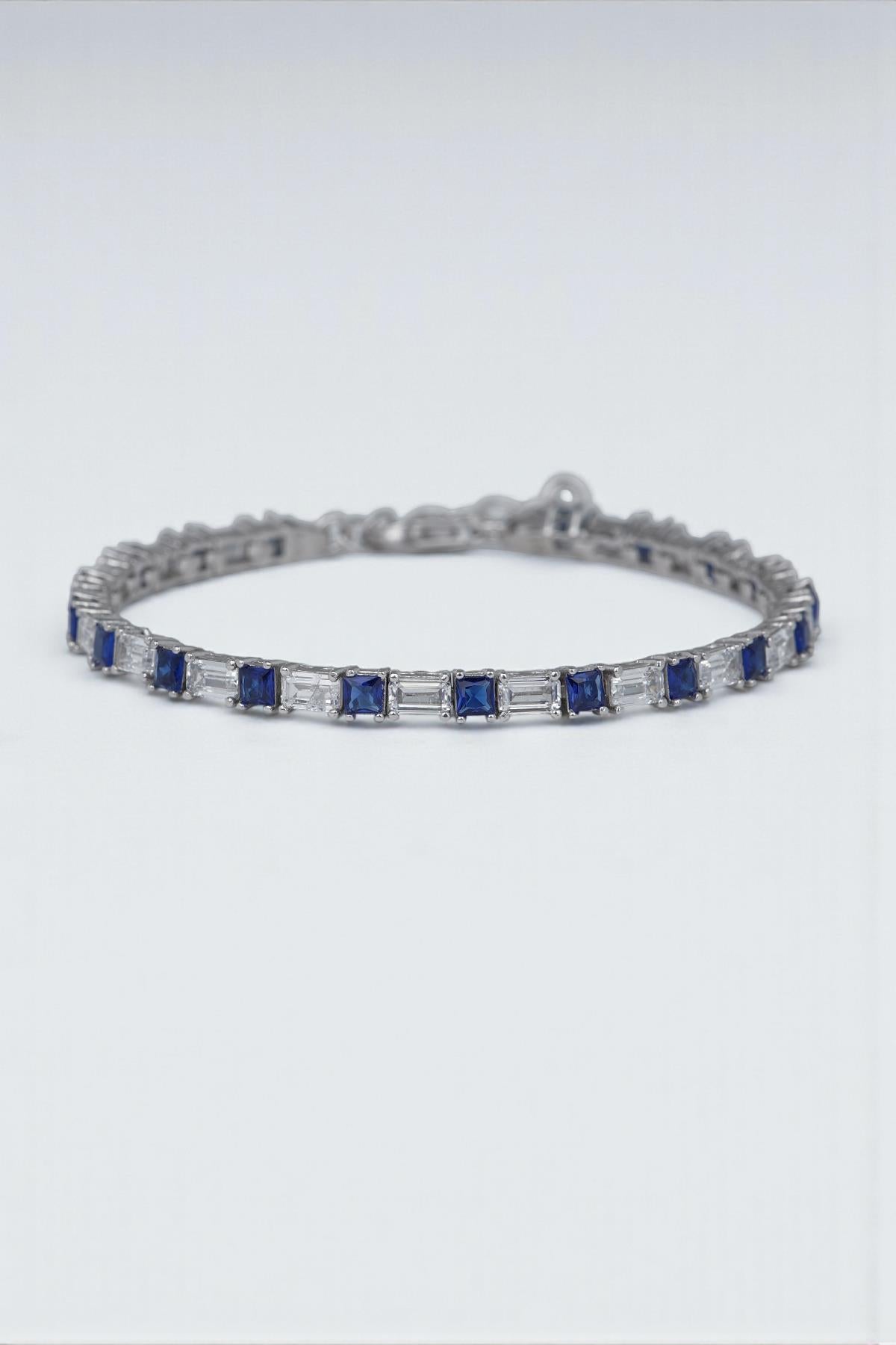 FRNCH 925 Ayar Gümüş Zirkon Taşlı Lacivert-Beyaz Renk Tennis Erkek Bileklik FRJ12157-3157-LA3