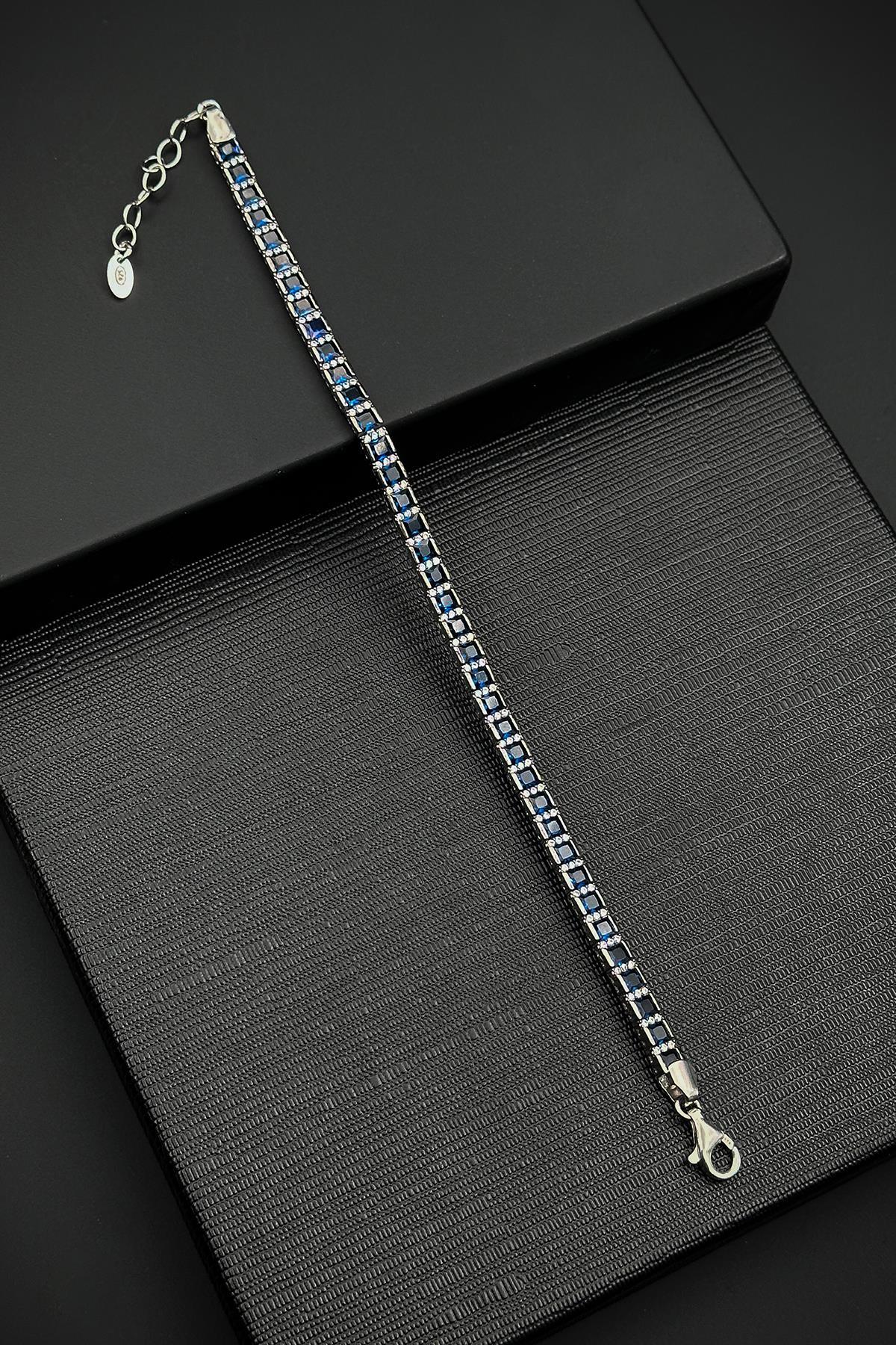 FRNCH 925 Ayar Gümüş Zirkon Taşlı Lacivert Renk Erkek Bileklik FRJ12515-3515-L