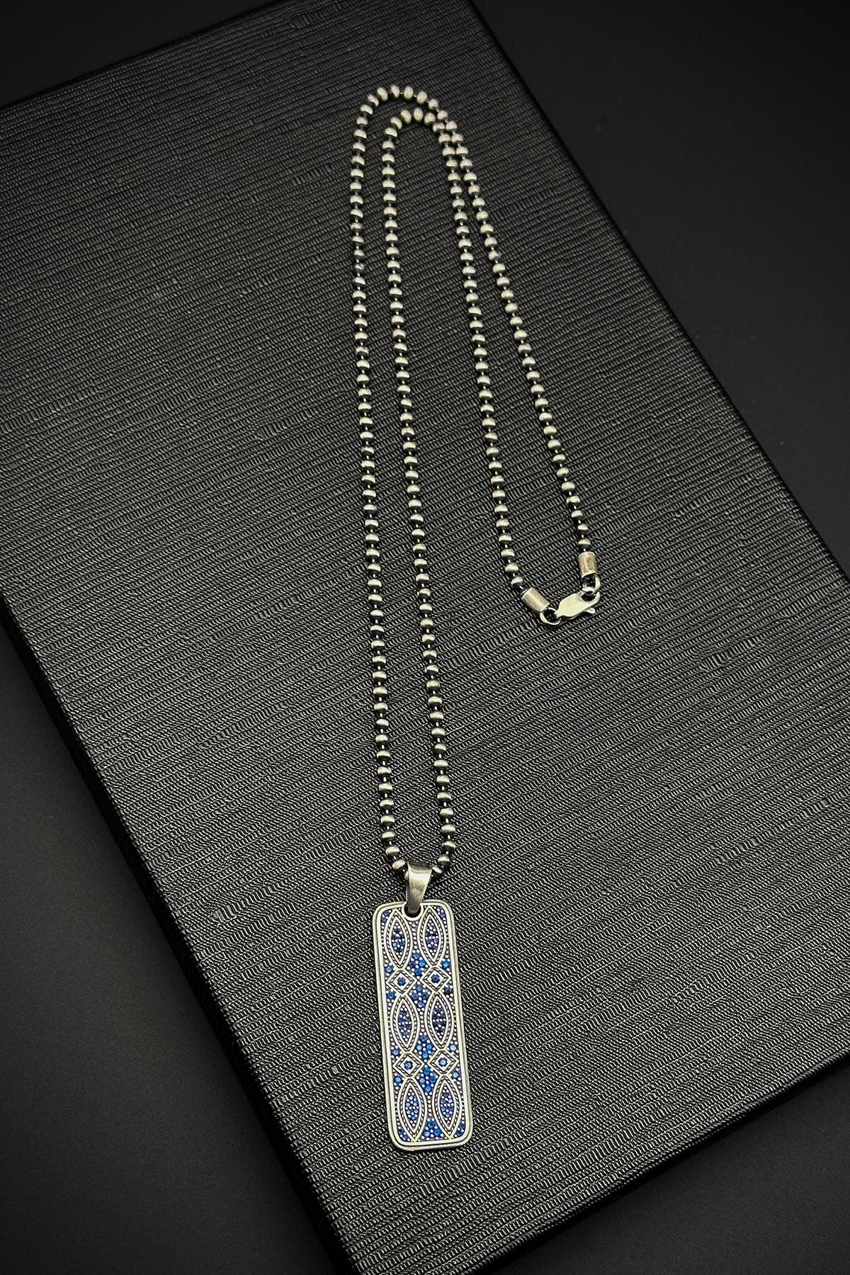 FRNCH 925 Ayar Gümüş Zirkon Taşlı Lacivert Renk Erkek Kolye FRJ30762-862-L