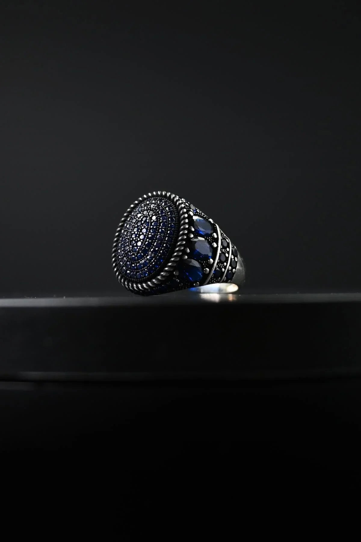 FRNCH 925 Ayar Gümüş Zirkon Taşlı Lacivert Renk Erkek Yüzük FRJ60052-152-L