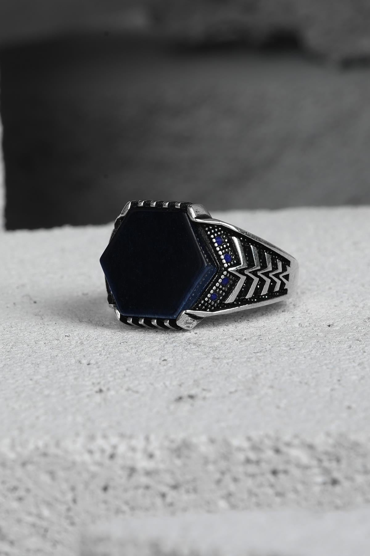 FRNCH 925 Ayar Gümüş Zirkon Taşlı Lacivert Renkli Erkek Yüzük FRJ60093-193-L3