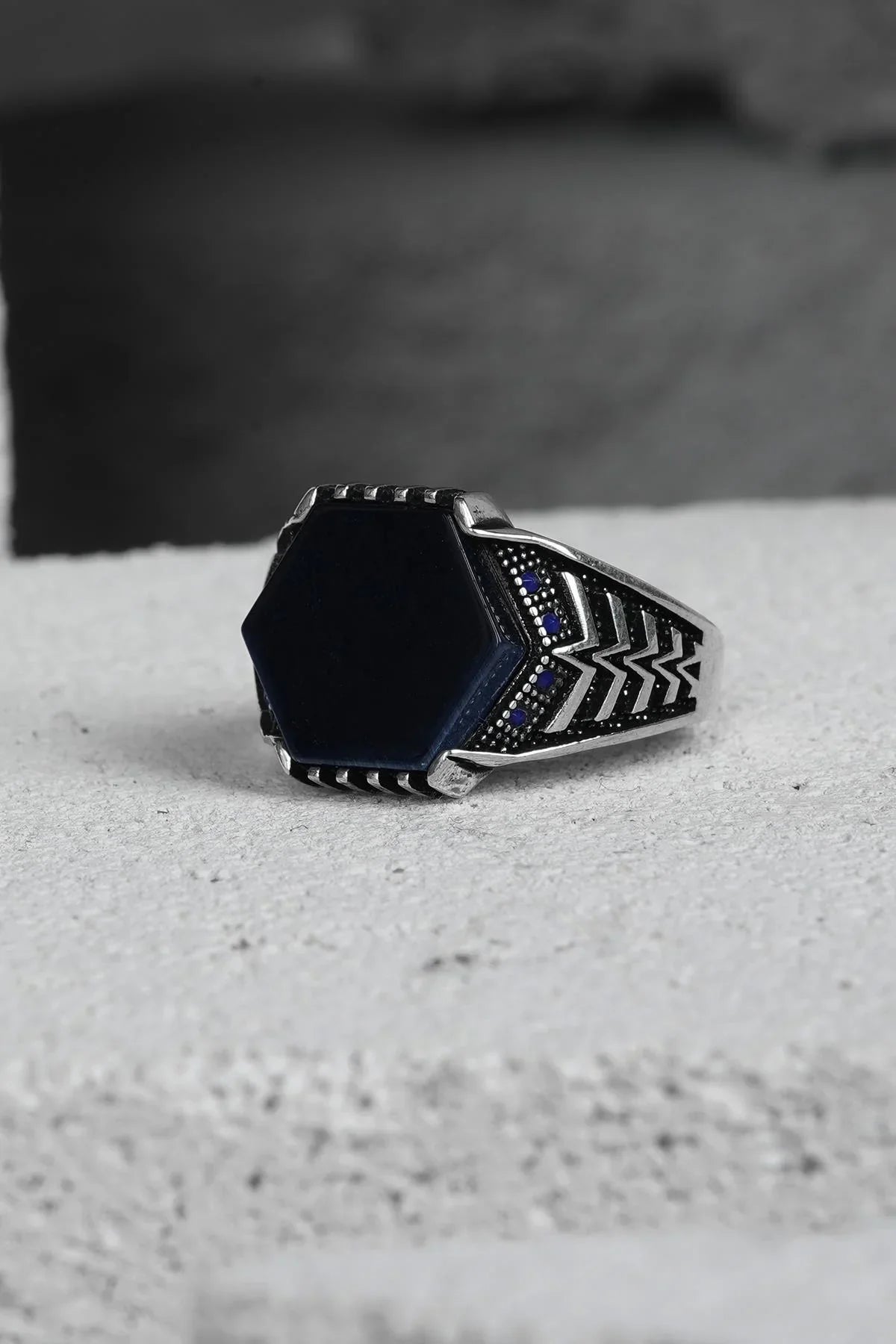 FRNCH 925 Ayar Gümüş Zirkon Taşlı Lacivert Renkli Erkek Yüzük FRJ60093-193-L3