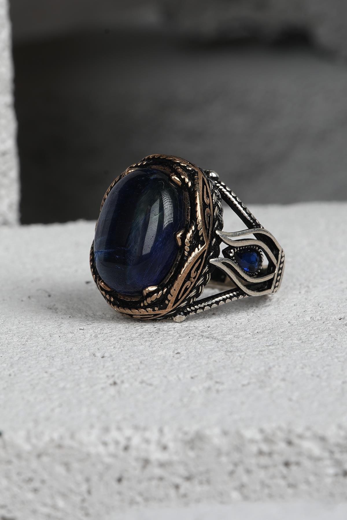 FRNCH 925 Ayar Gümüş Zirkon Taşlı Lacivert Renkli Erkek Yüzük FRJ60093-193-L9