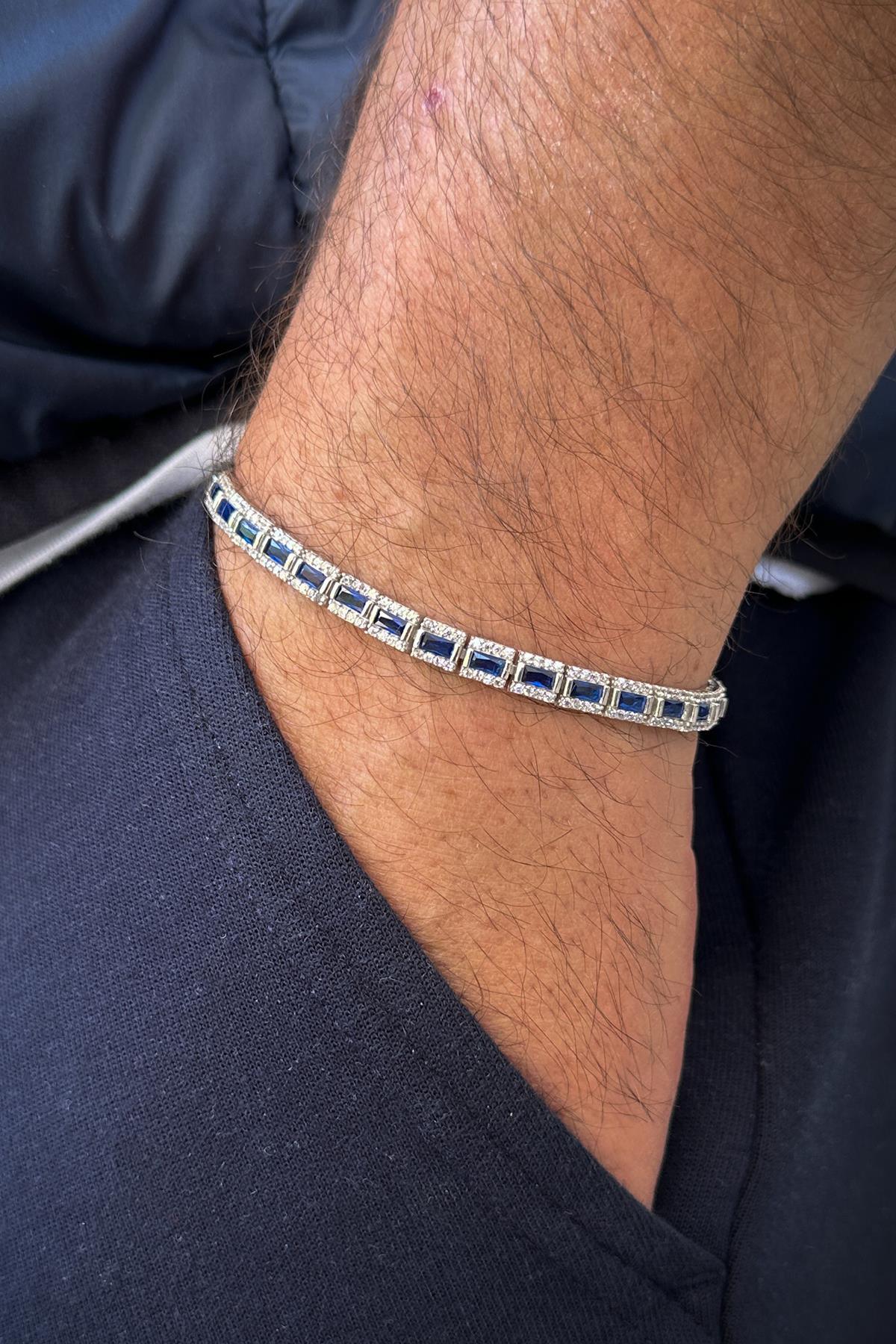 FRNCH 925 Ayar Gümüş Zirkon Taşlı Lacivert Renkli Tennis Erkek Bileklik FRJ12181-3181-LA