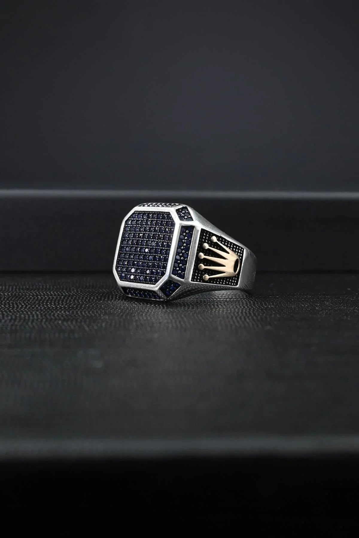 FRNCH 925 Ayar Gümüş Zirkon Taşlı Lacivert Taşlı Erkek Yüzük FRJ60048-148-L