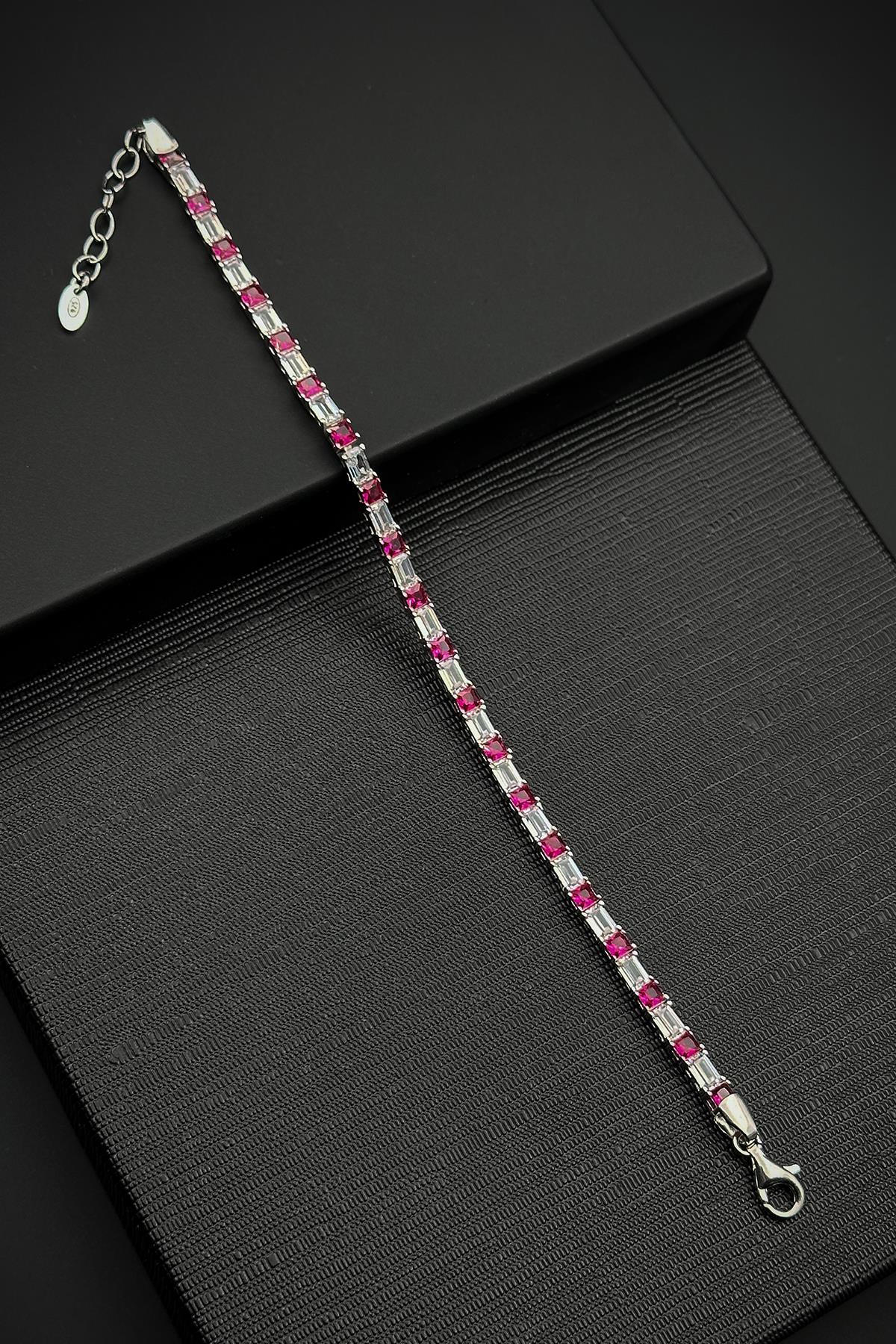 FRNCH 925 Ayar Gümüş Zirkon Taşlı Pembe-Beyaz Renk Tennis Erkek Bileklik FRJ12157-3157-PA2