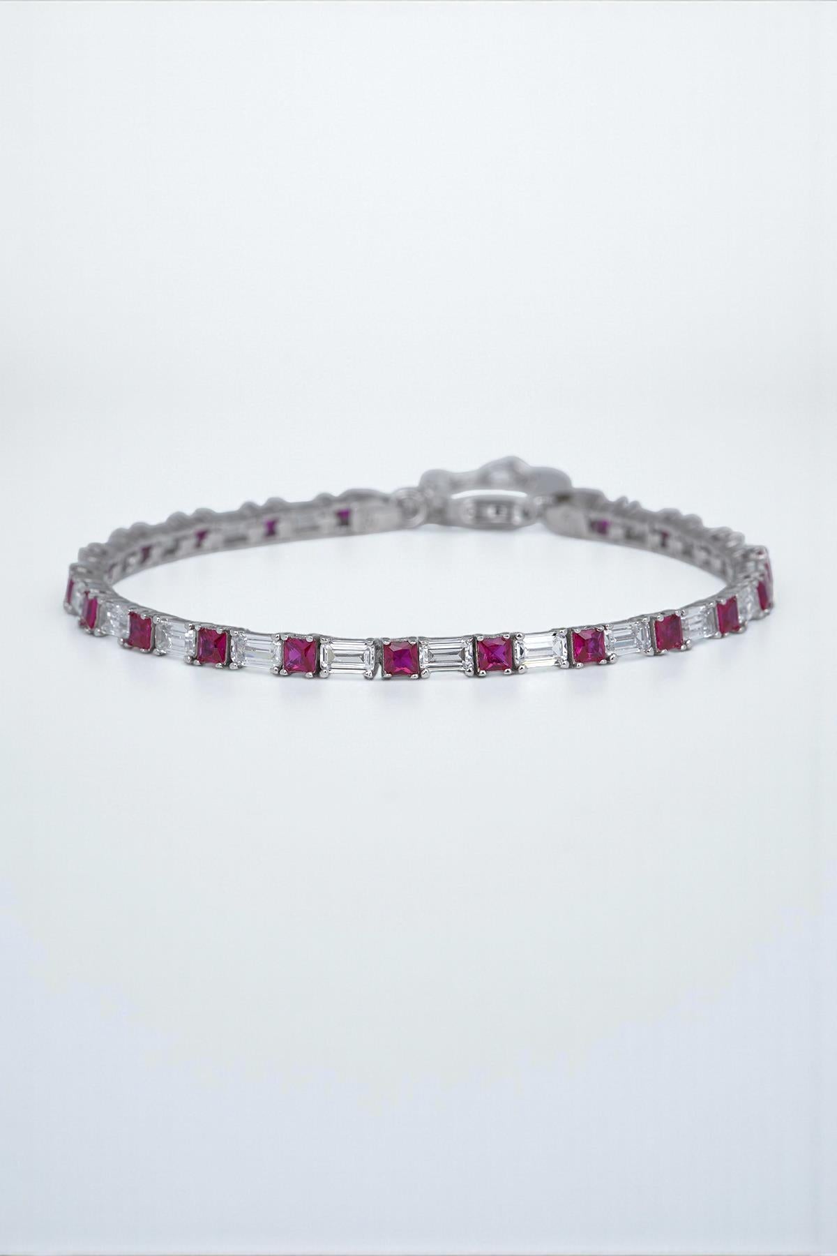 FRNCH 925 Ayar Gümüş Zirkon Taşlı Pembe-Beyaz Renk Tennis Erkek Bileklik FRJ12157-3157-PA2