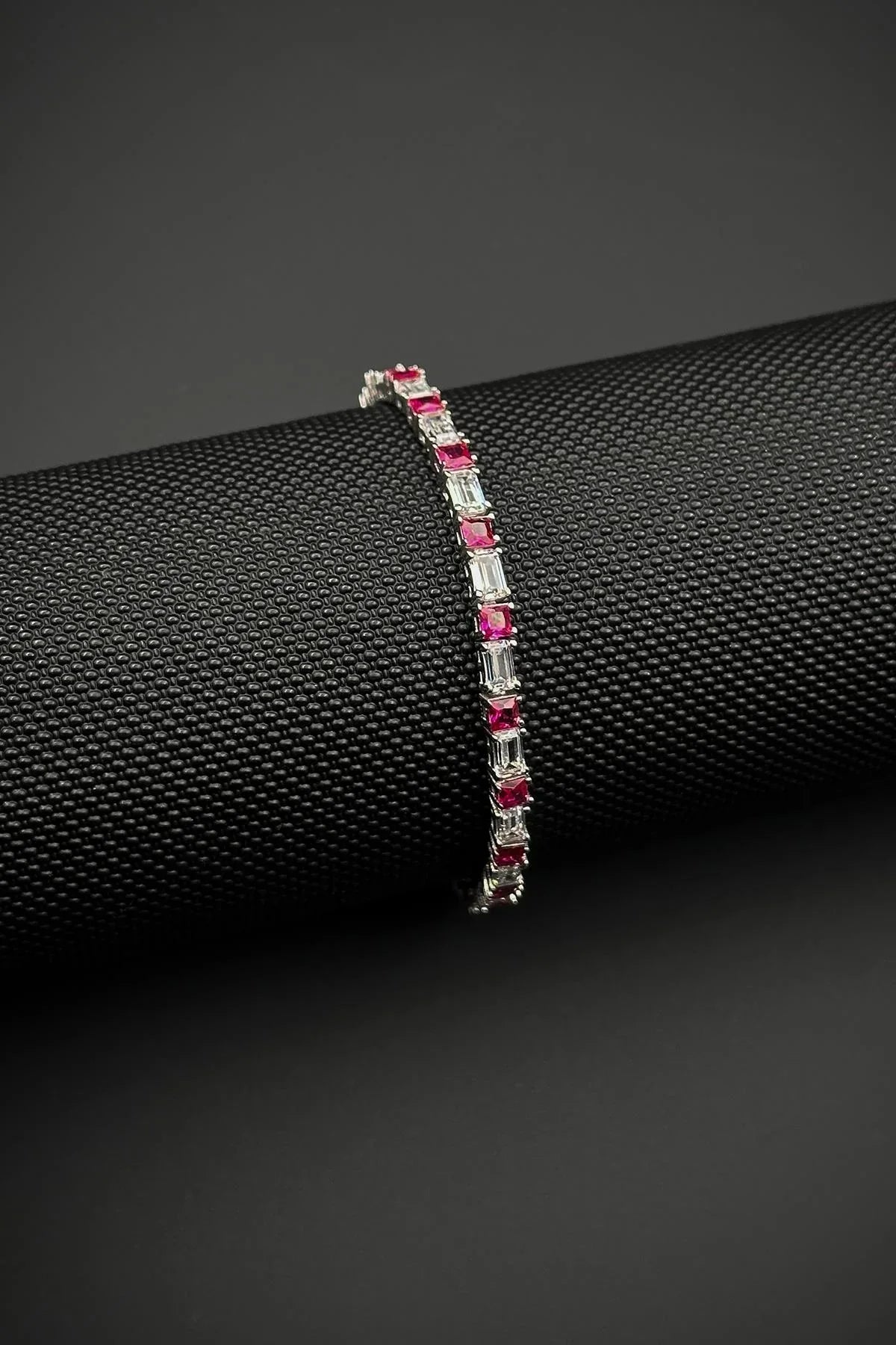 FRNCH 925 Ayar Gümüş Zirkon Taşlı Pembe-Beyaz Renk Tennis Erkek Bileklik FRJ12157-3157-PA2