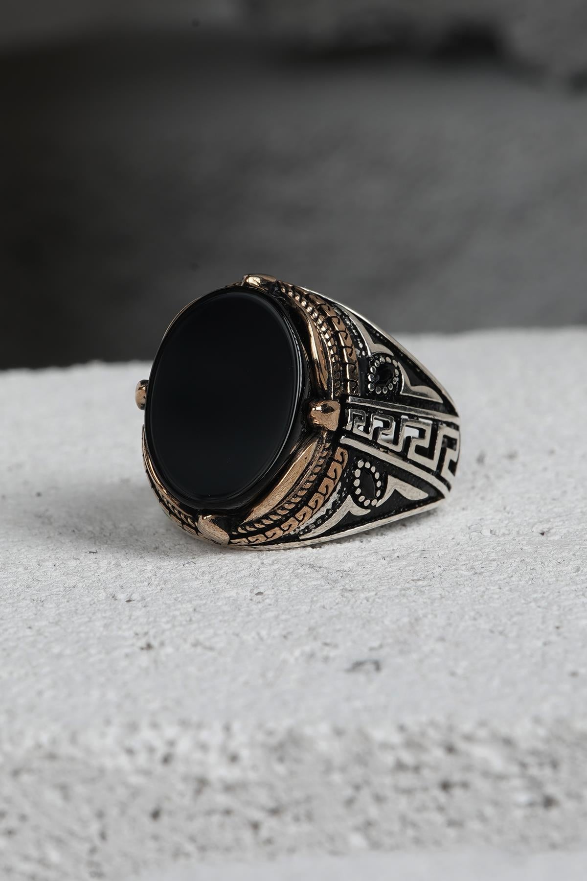 FRNCH 925 Ayar Gümüş Zirkon Taşlı Siyah-Altın Renkli Erkek Yüzük FRJ60093-193-AG12