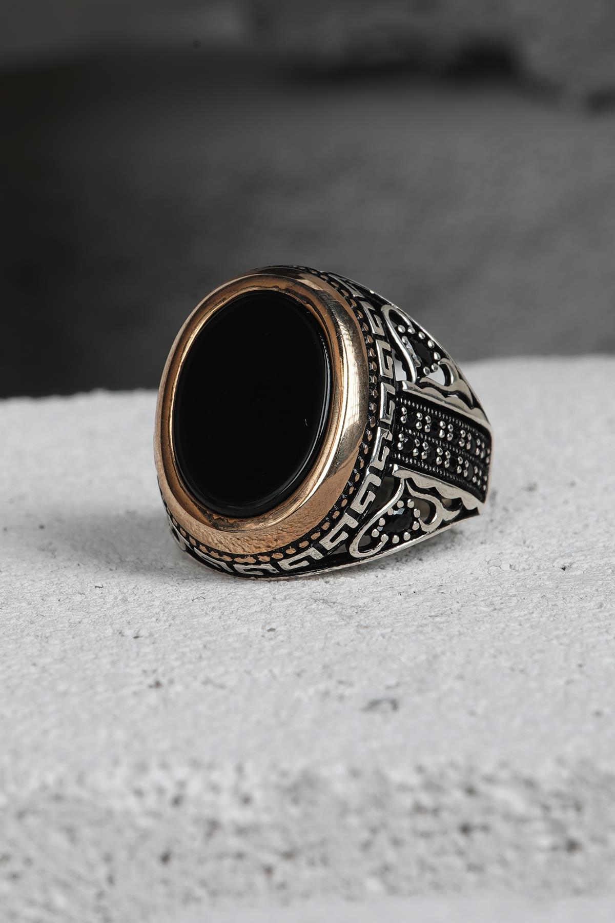 FRNCH 925 Ayar Gümüş Zirkon Taşlı Siyah-Altın Renkli Erkek Yüzük FRJ60093-193-AG13