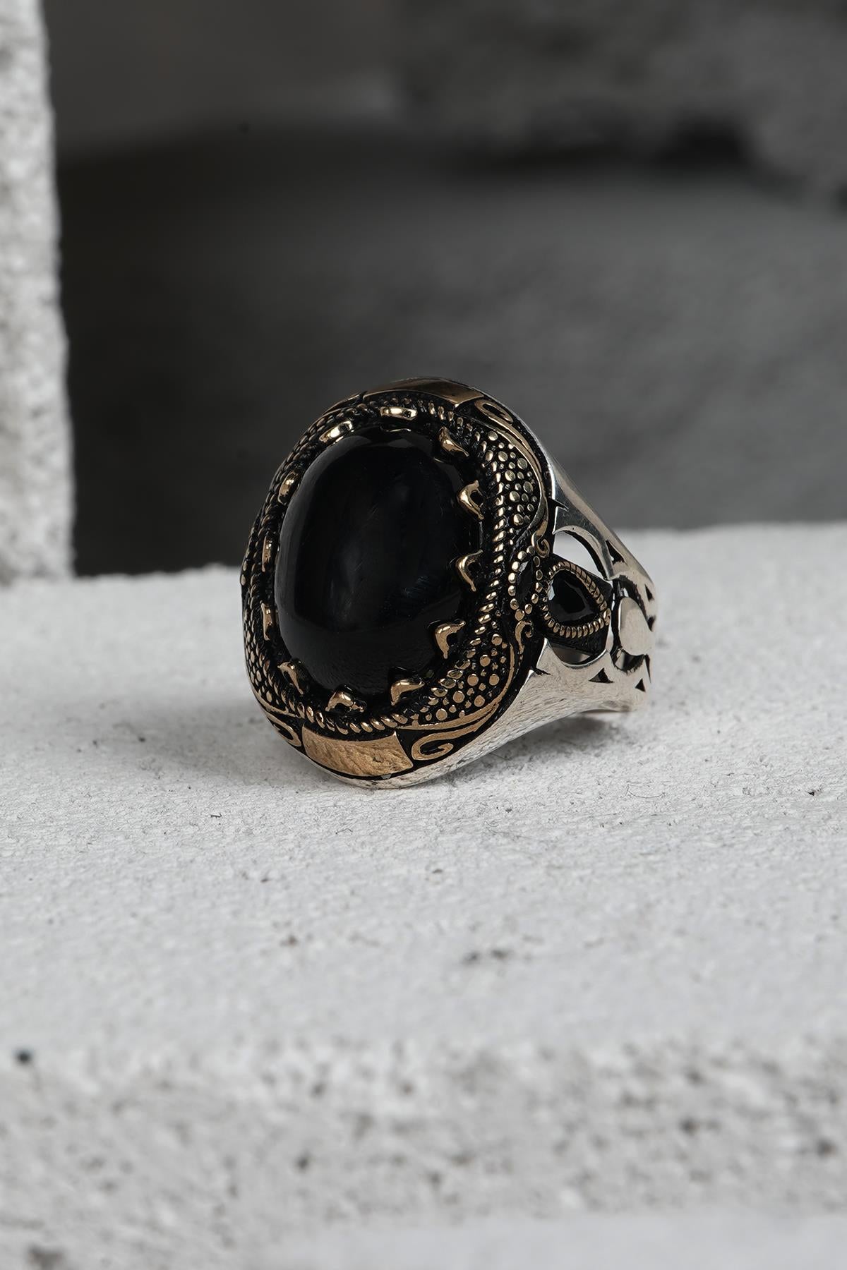 FRNCH 925 Ayar Gümüş Zirkon Taşlı Siyah-Altın Renkli Erkek Yüzük FRJ60093-193-AG16