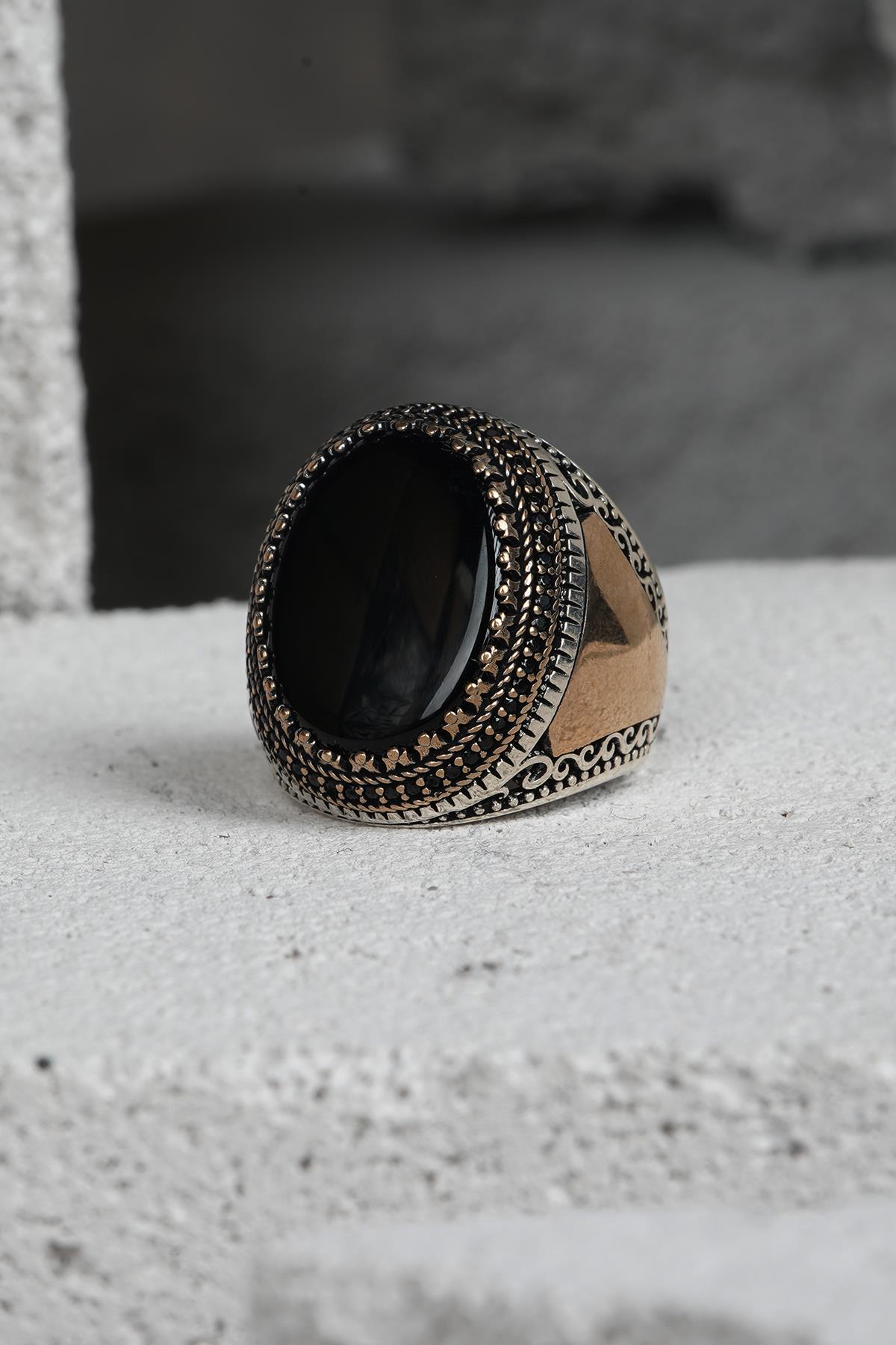FRNCH 925 Ayar Gümüş Zirkon Taşlı Siyah-Altın Renkli Erkek Yüzük FRJ60093-193-AG17