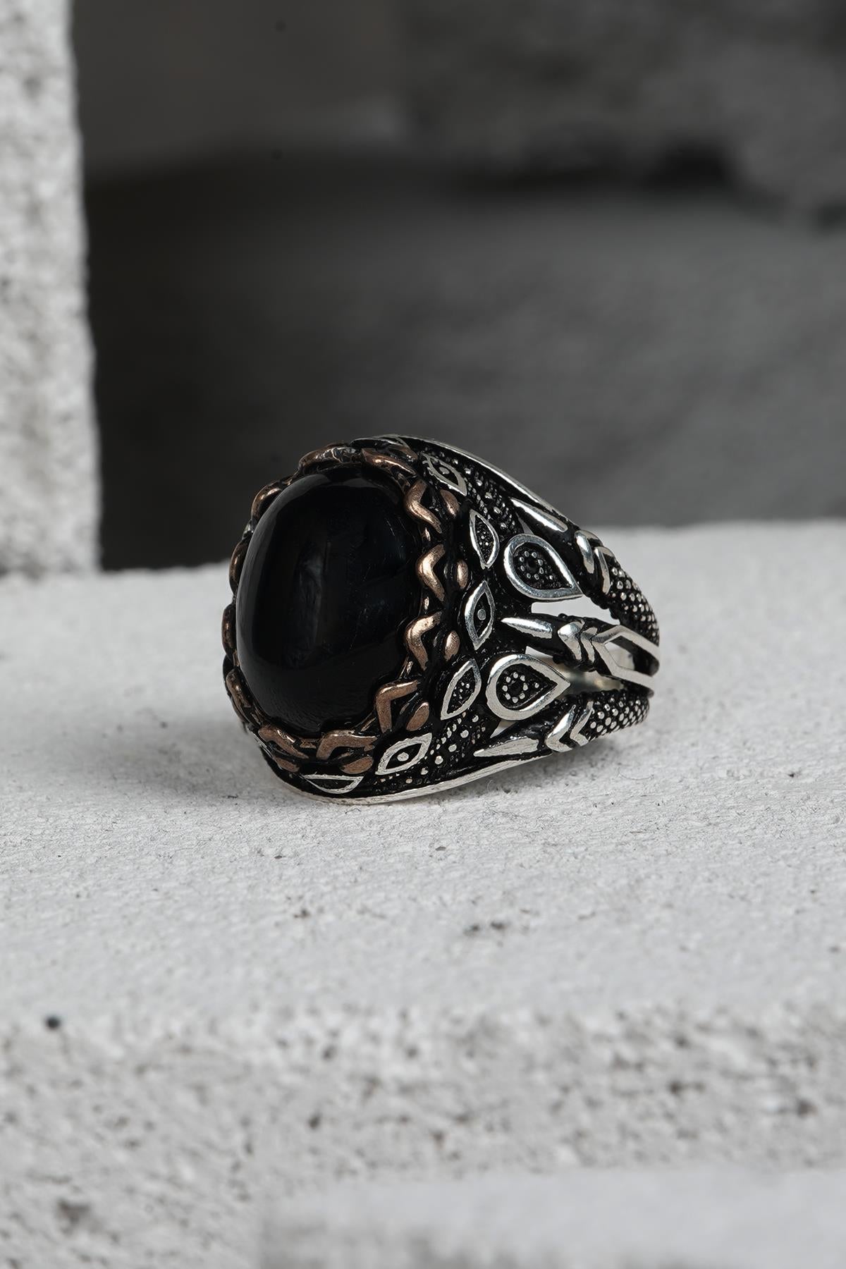 FRNCH 925 Ayar Gümüş Zirkon Taşlı Siyah-Altın Renkli Erkek Yüzük FRJ60093-193-AG18