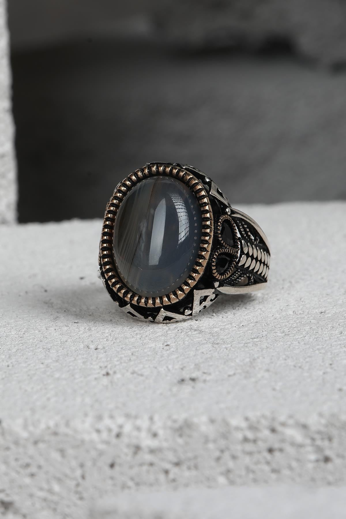 FRNCH 925 Ayar Gümüş Zirkon Taşlı Siyah-Altın Renkli Erkek Yüzük FRJ60093-193-AG26