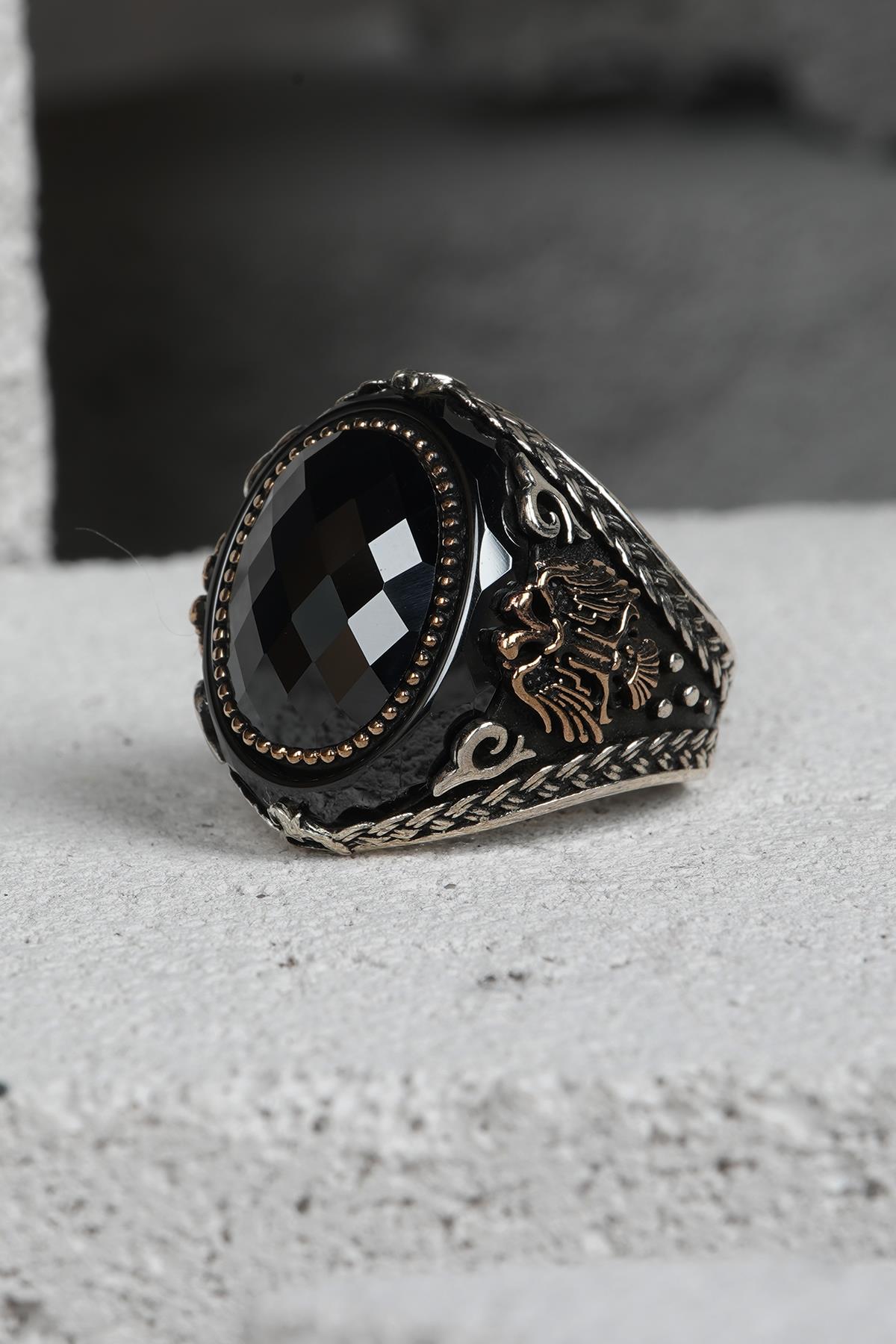 FRNCH 925 Ayar Gümüş Zirkon Taşlı Siyah-Altın Renkli Erkek Yüzük FRJ60093-193-AG29