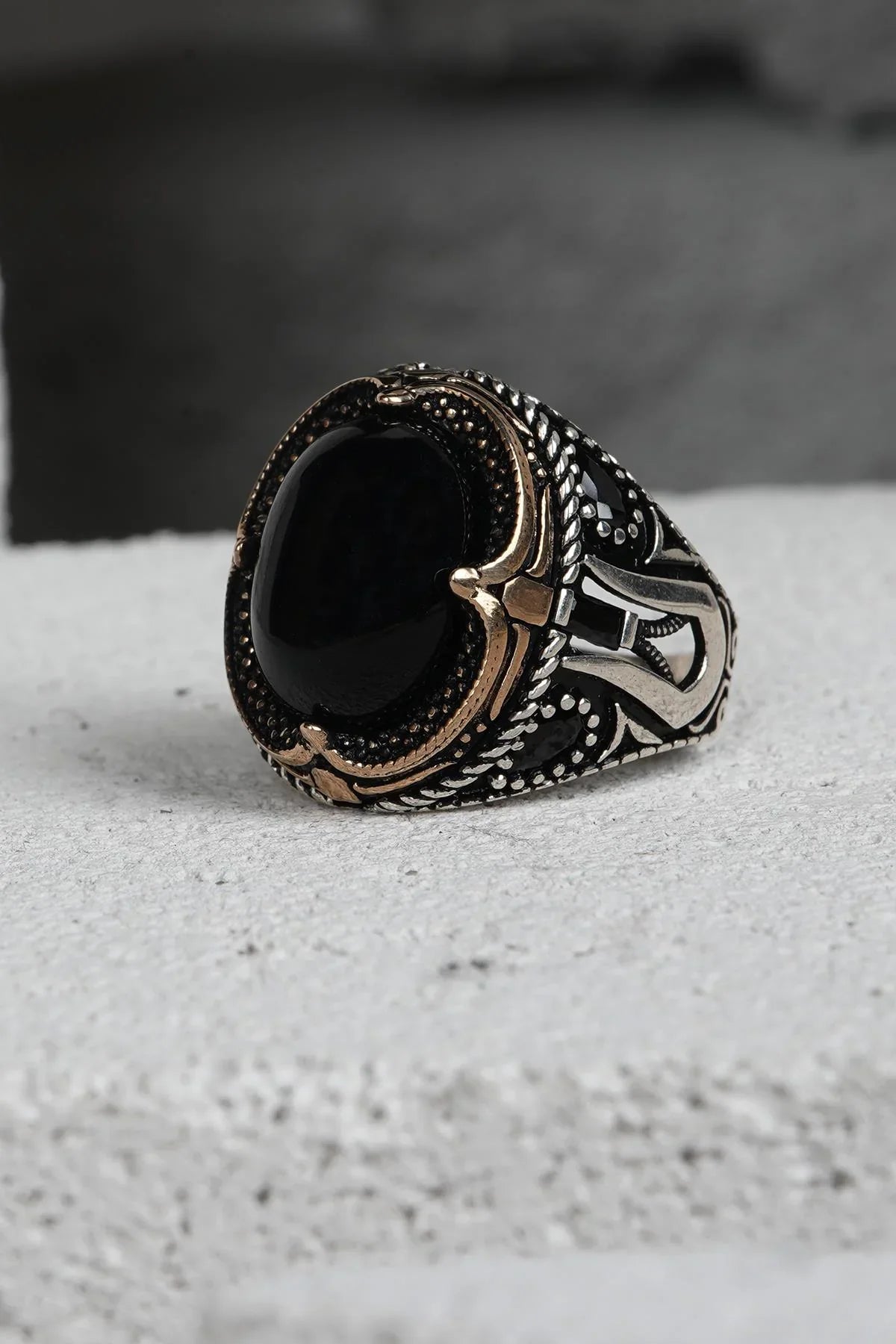 FRNCH 925 Ayar Gümüş Zirkon Taşlı Siyah-Altın Renkli Erkek Yüzük FRJ60093-193-AG35