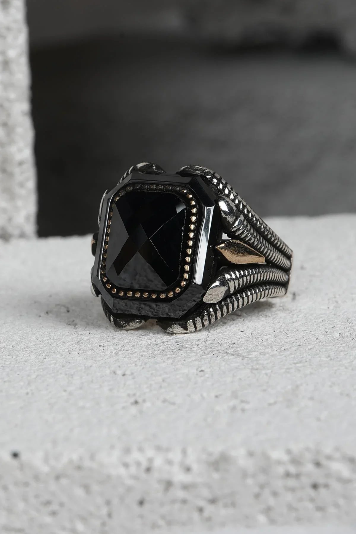 FRNCH 925 Ayar Gümüş Zirkon Taşlı Siyah-Altın Renkli Erkek Yüzük FRJ60093-193-AG36