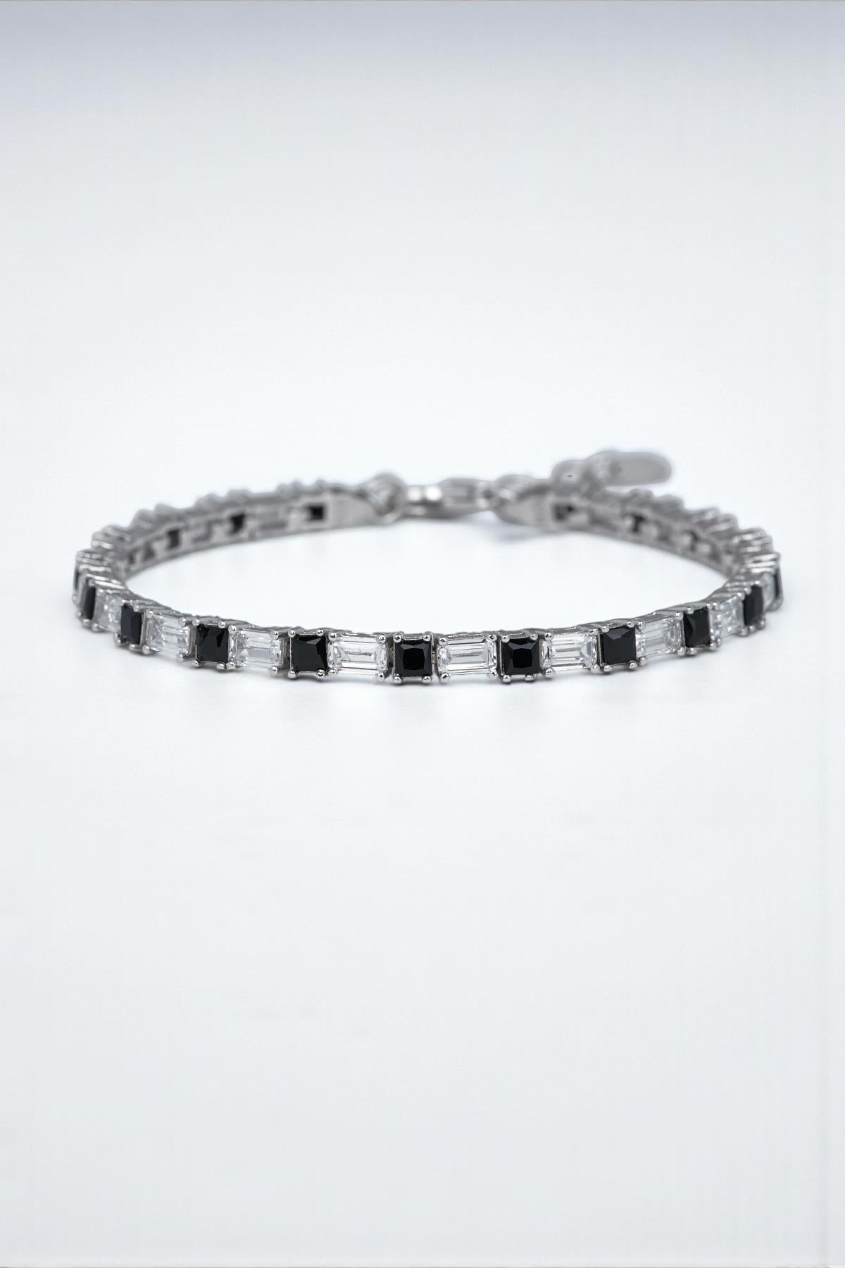 FRNCH 925 Ayar Gümüş Zirkon Taşlı Siyah-Beyaz Renk Tennis Erkek Bileklik FRJ12157-3157-AB